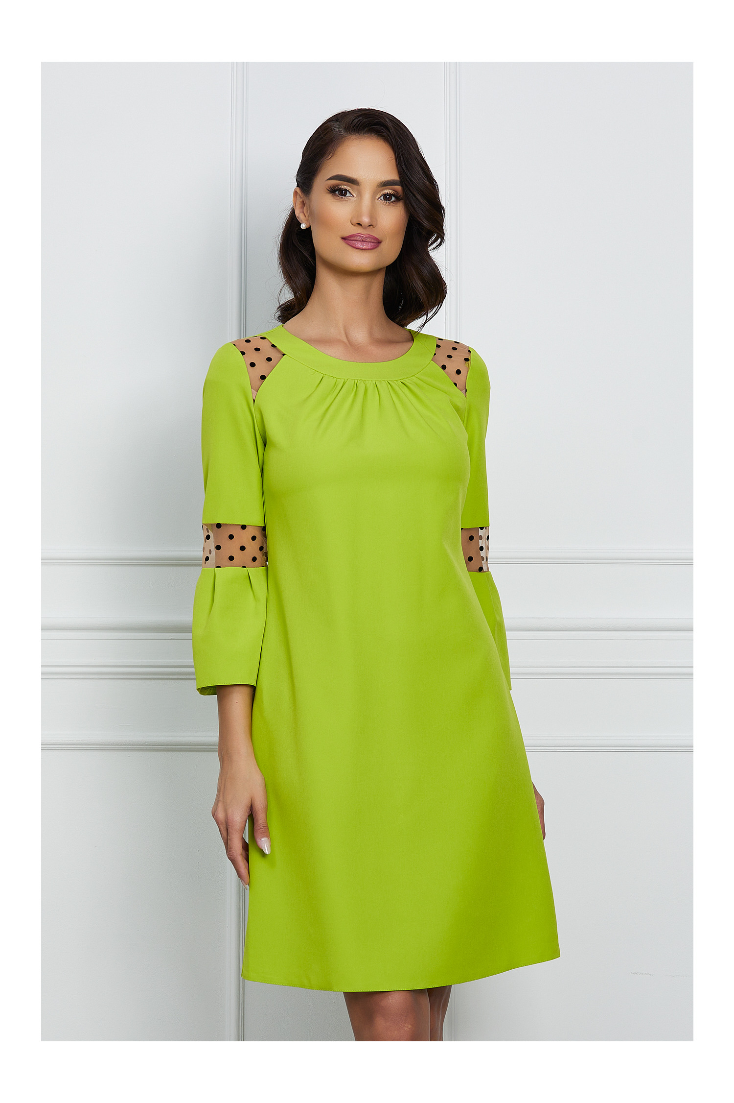 Rochie Moze verde lime cu buline catifelate pe maneci