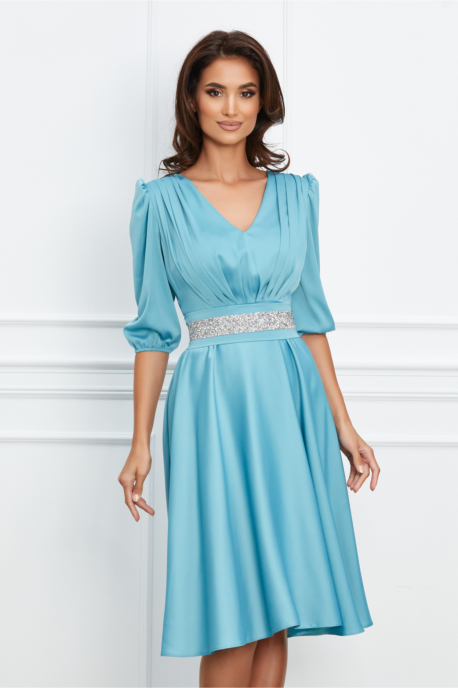 Rochie Ella Collection Aria bleu cu cordon in talie