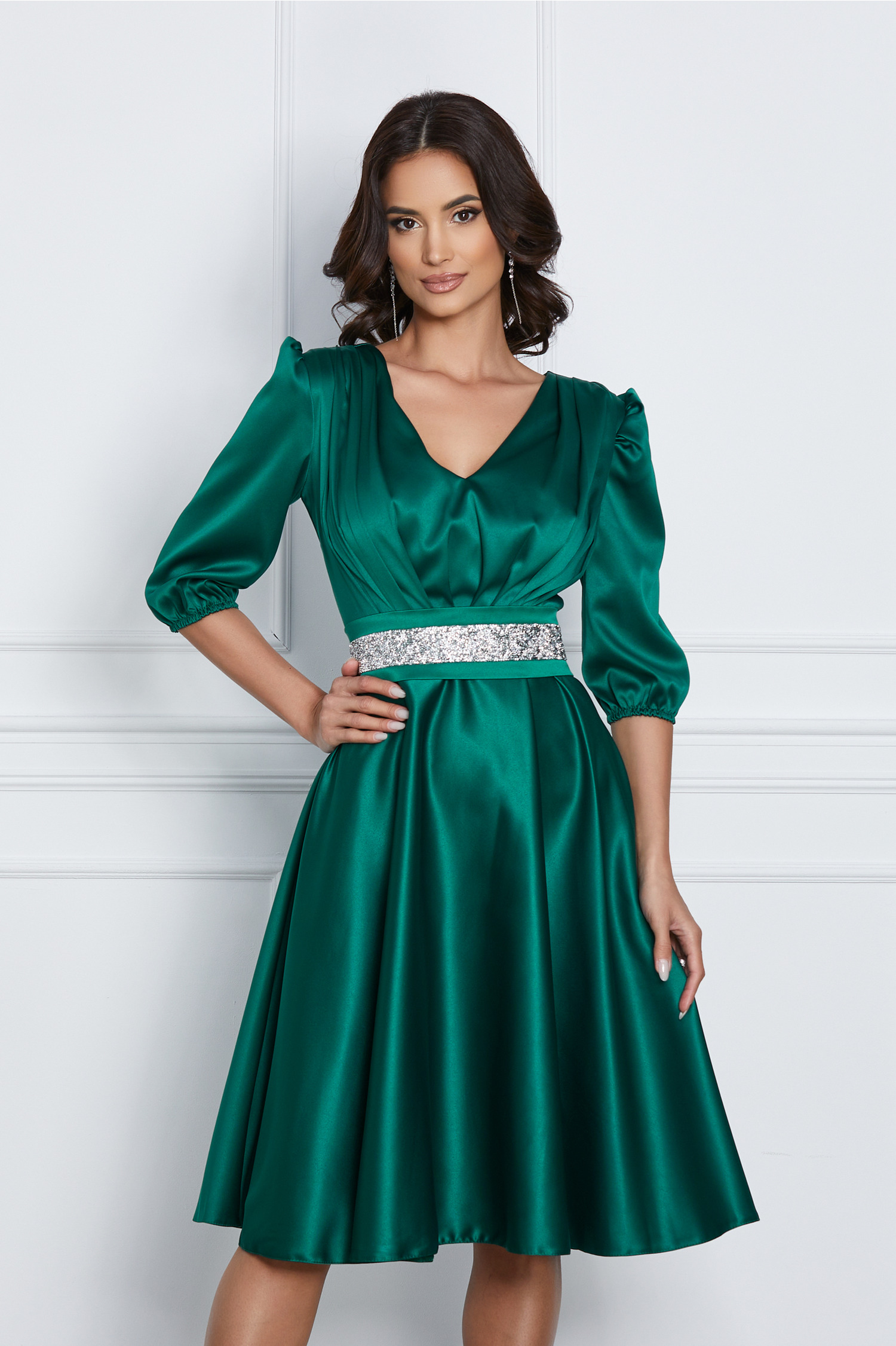 Rochie Ella Collection Aria verde cu cordon in talie