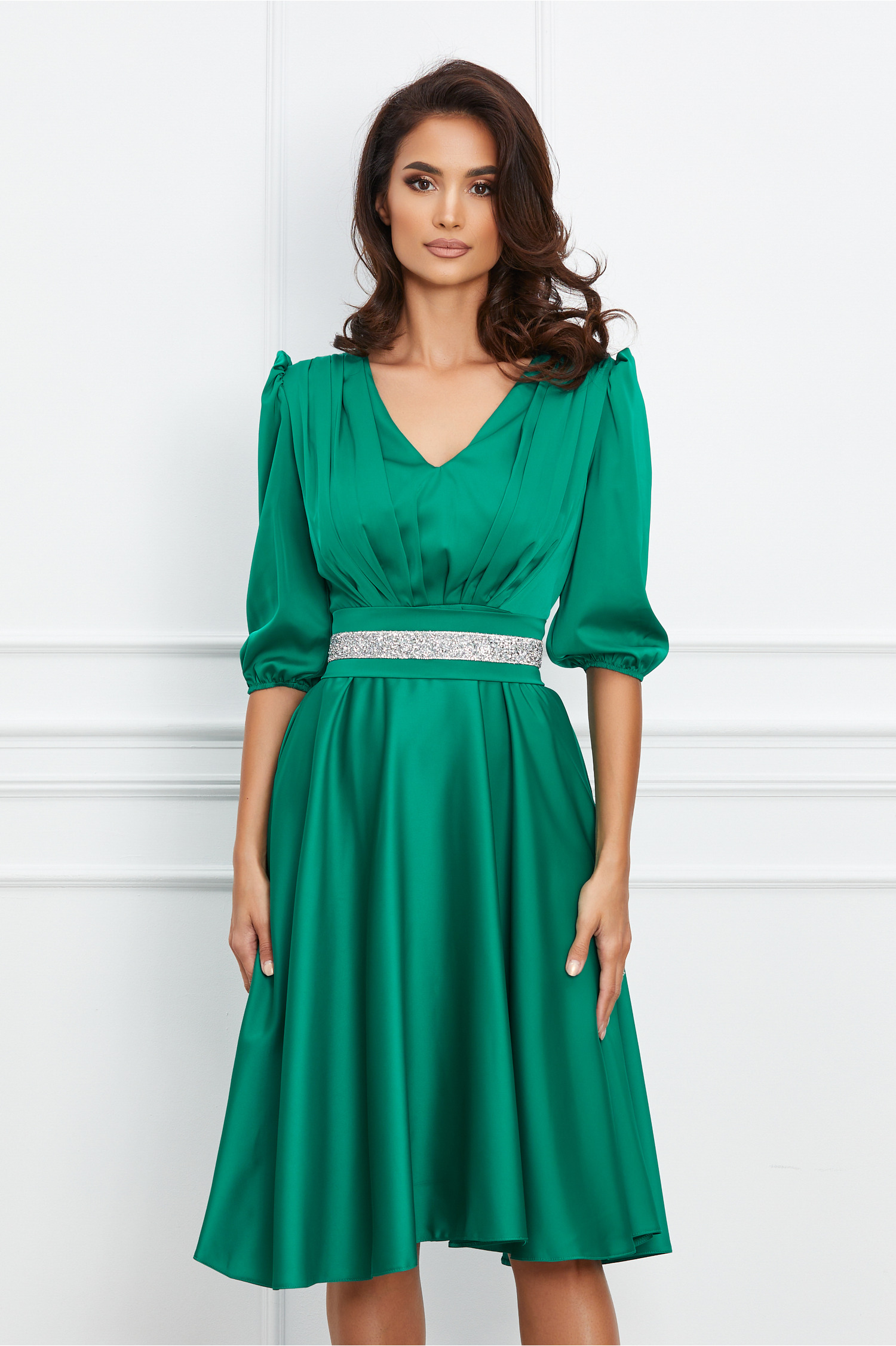 Rochie Ella Collection Aria verde deschis cu cordon in talie