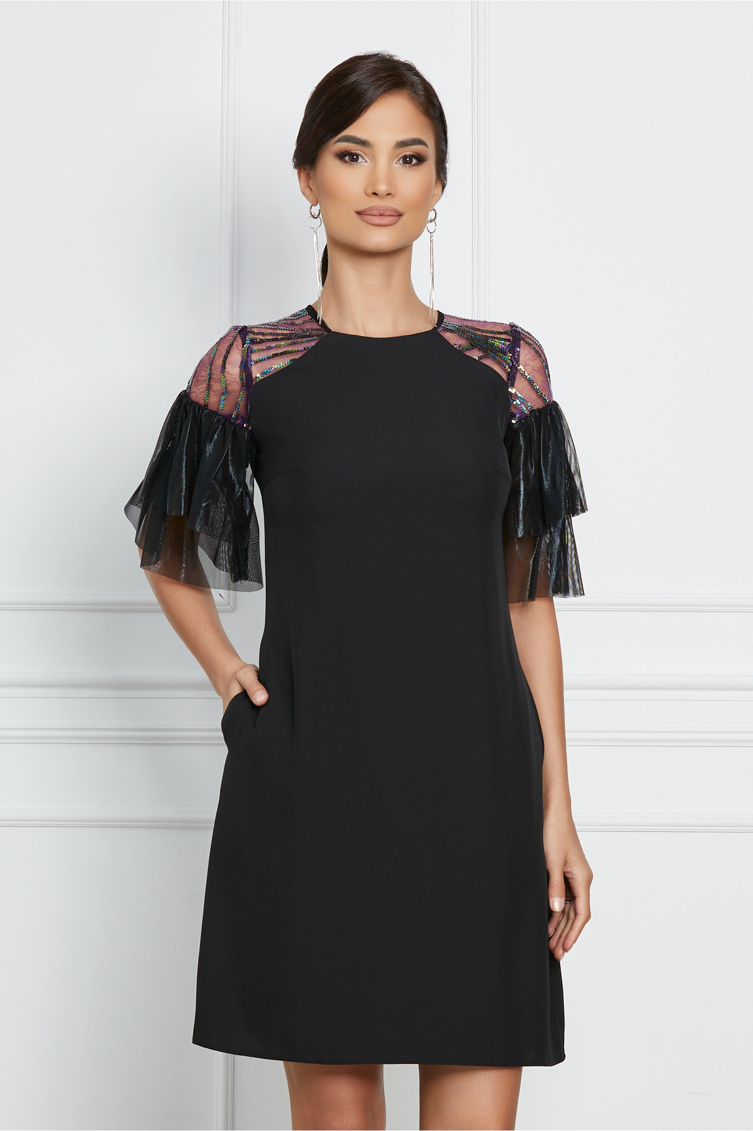Rochie Moze neagra cu paiete si lurex pe maneci