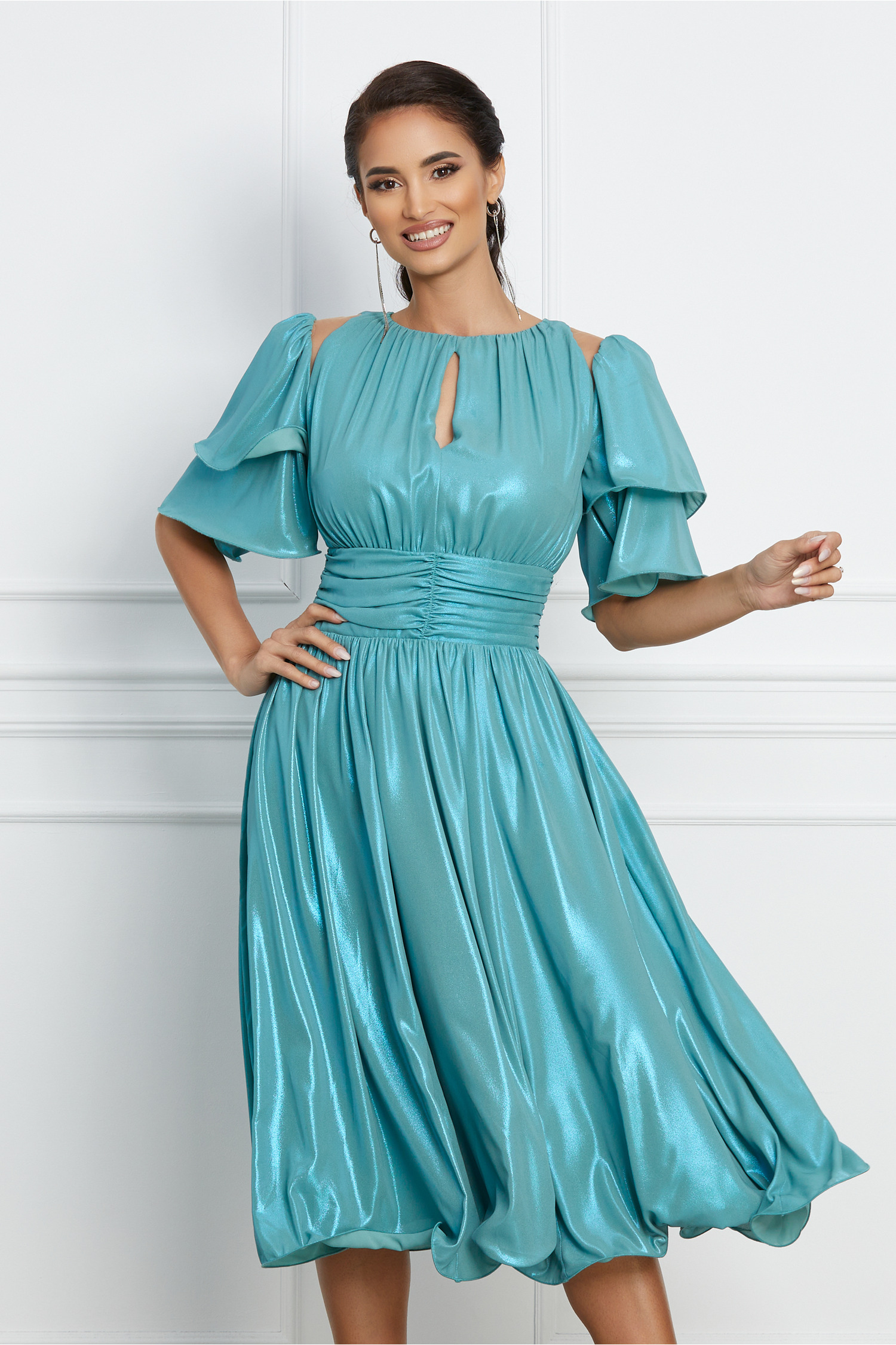 Rochie Dy Fashion verde mint metalizat cu volane pe maneci