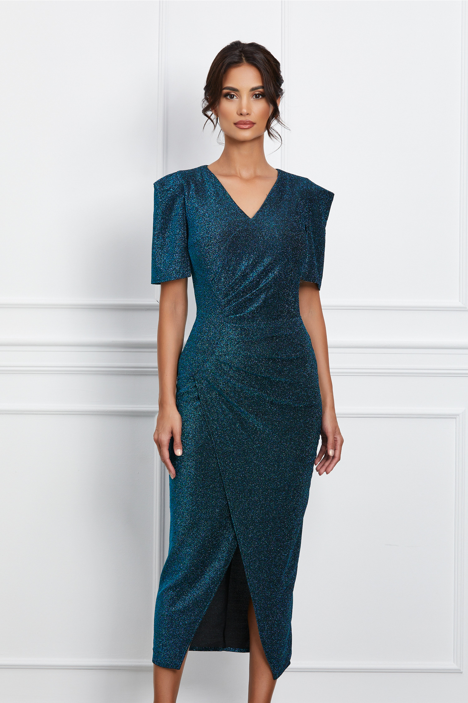Rochie Moze turcoaz din lurex cu fronseu pe talie