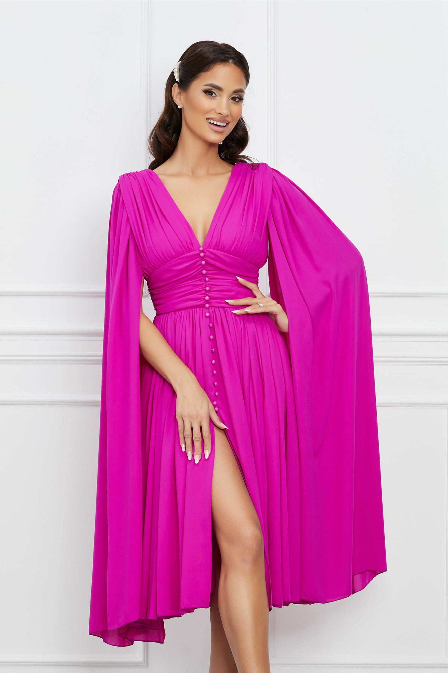 Rochie Dy Fashion fucsia cu nasturi pe bust si maneci ample din voal