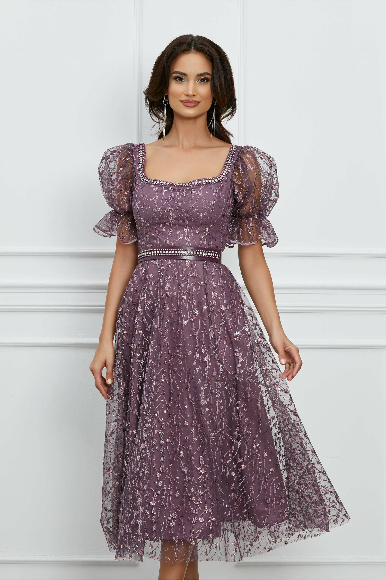 Rochie Ella lila cu glitter si curea in talie