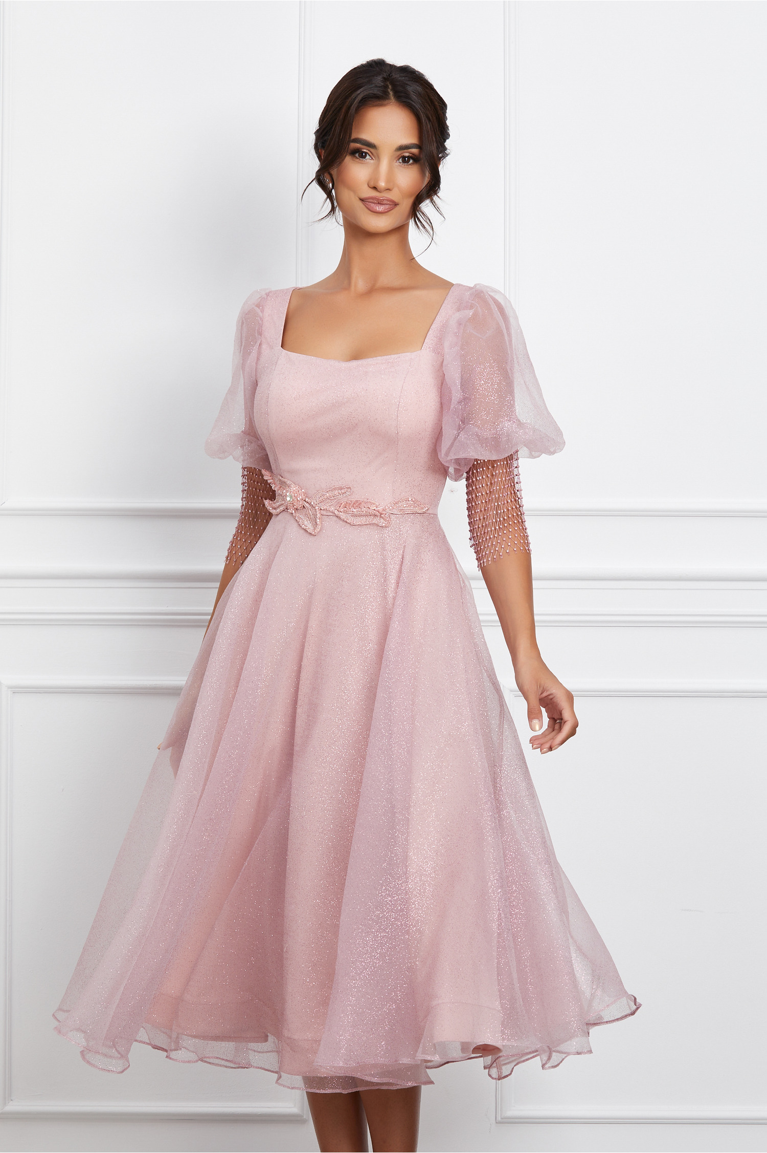 Rochie Nicoleta roz cu glitter si strasuri