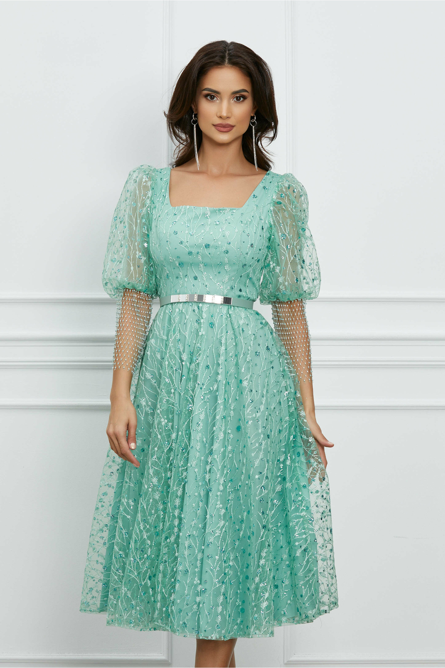 Rochie Denisa verde mint din tulle cu plasa la maneci si curea in talie
