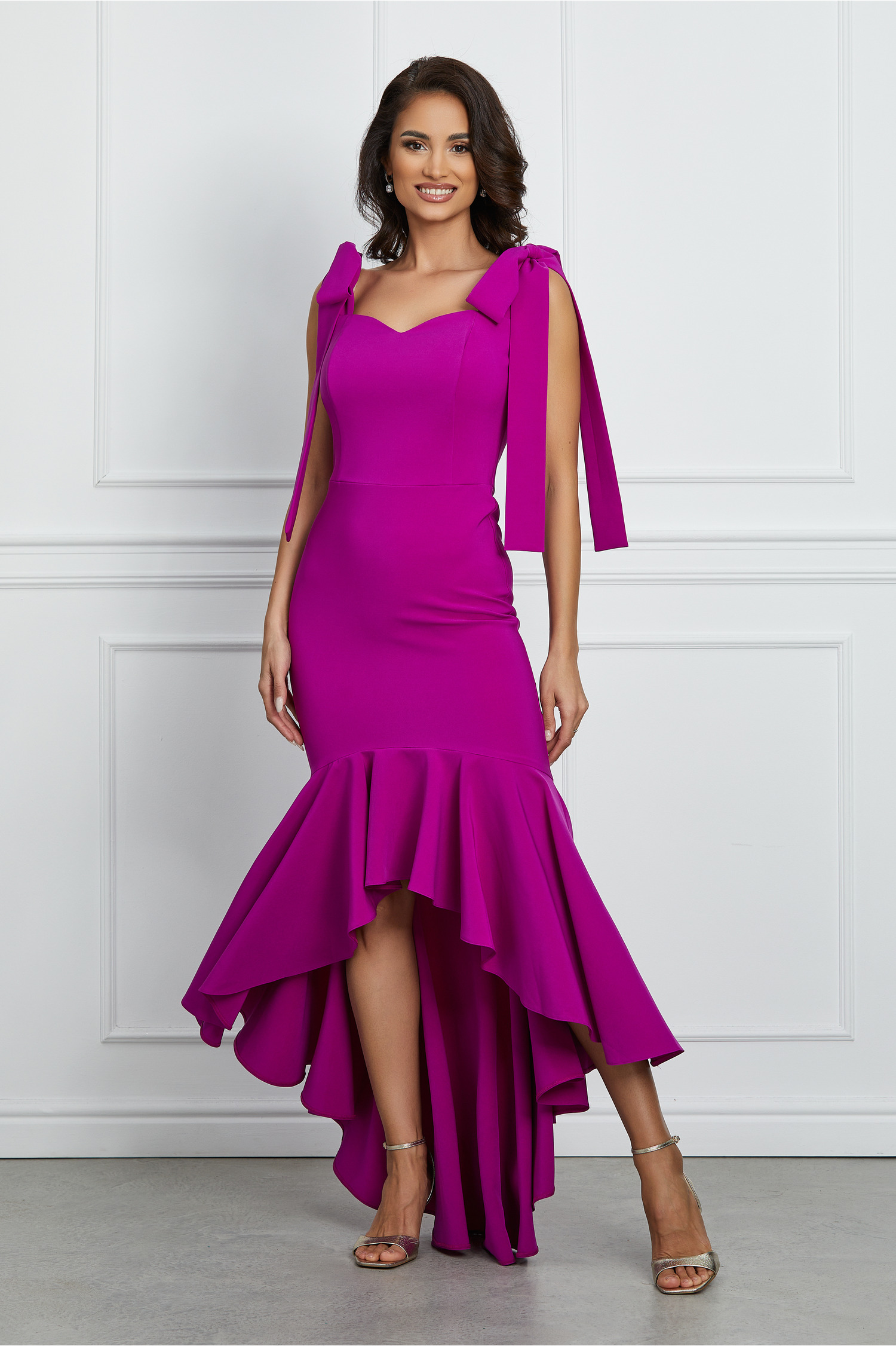 Rochie LaDonna mov asimetrica cu volan la baza