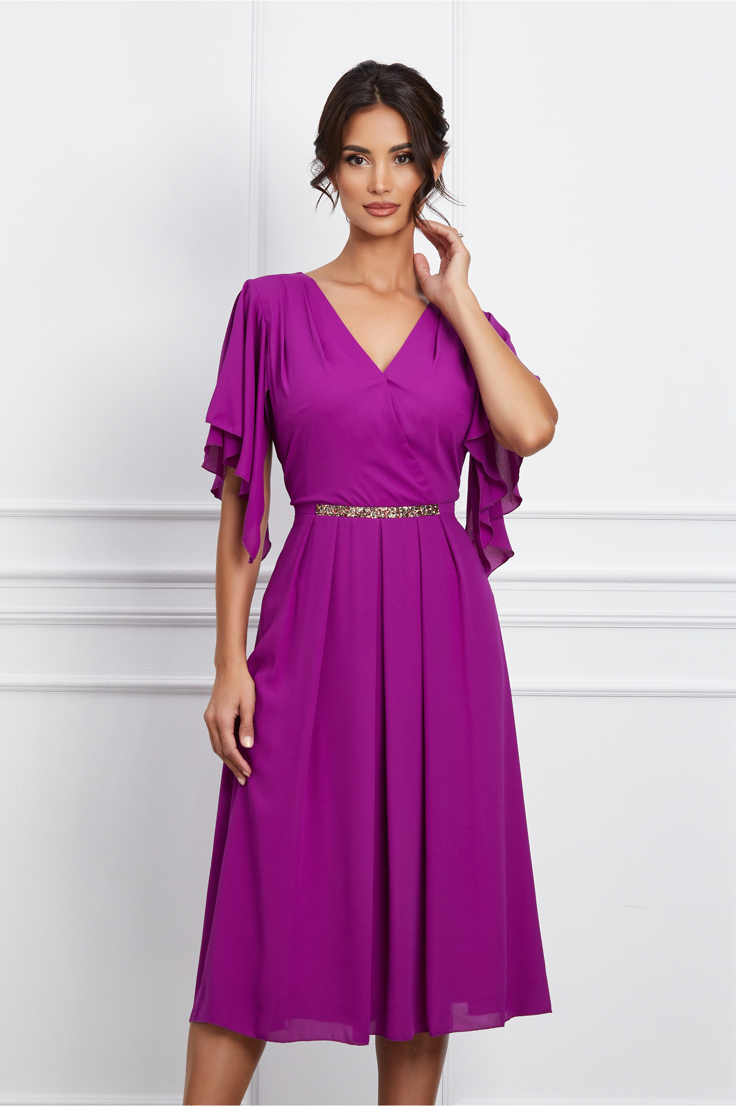 Rochie Larisa violet din voal cu strasuri in talie