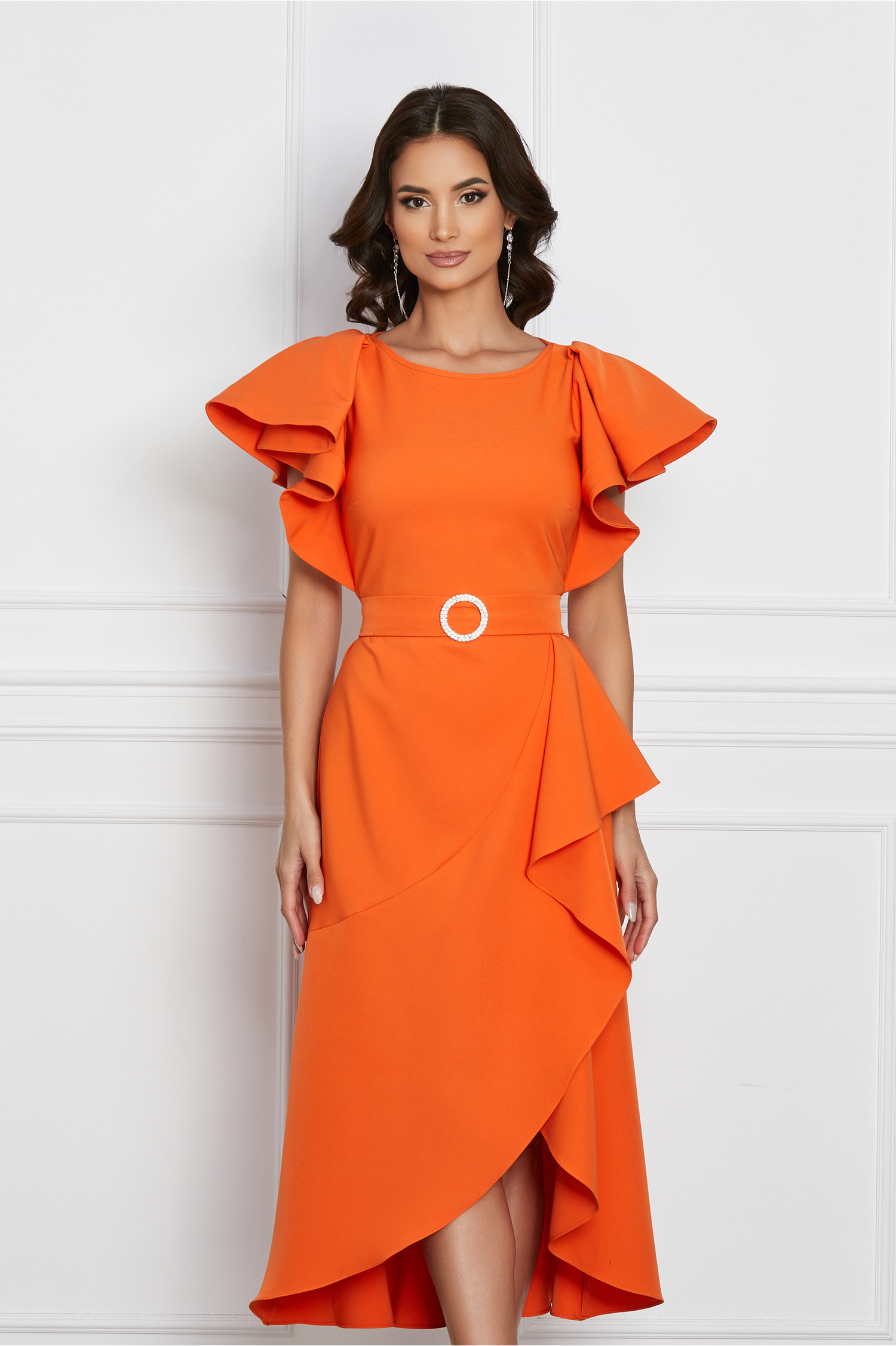 Rochie LaDonna orange cu volan pe fusta si cordon cu catarama in talie