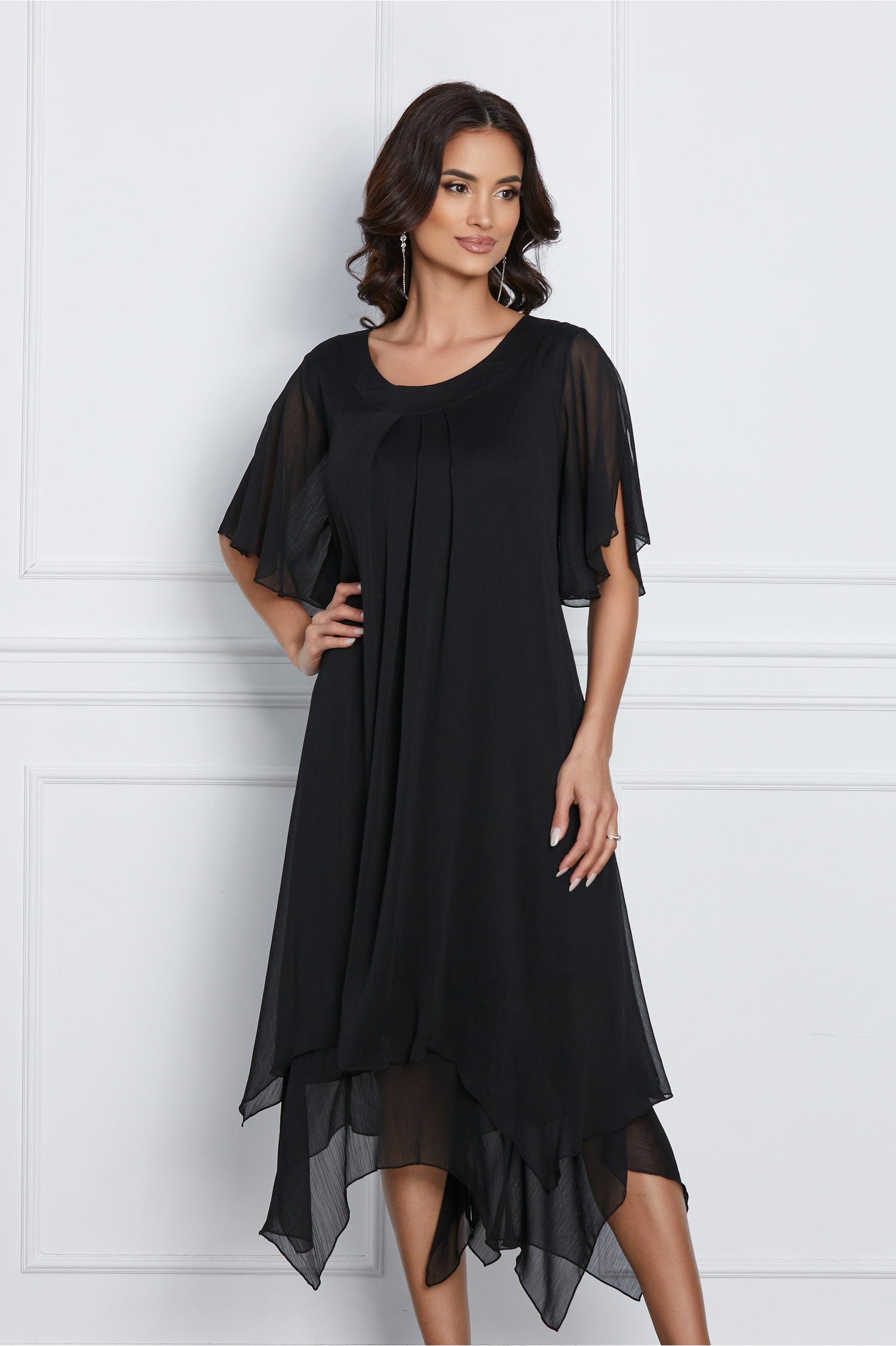 Rochie Mirabela neagra din voal cu volan la baza