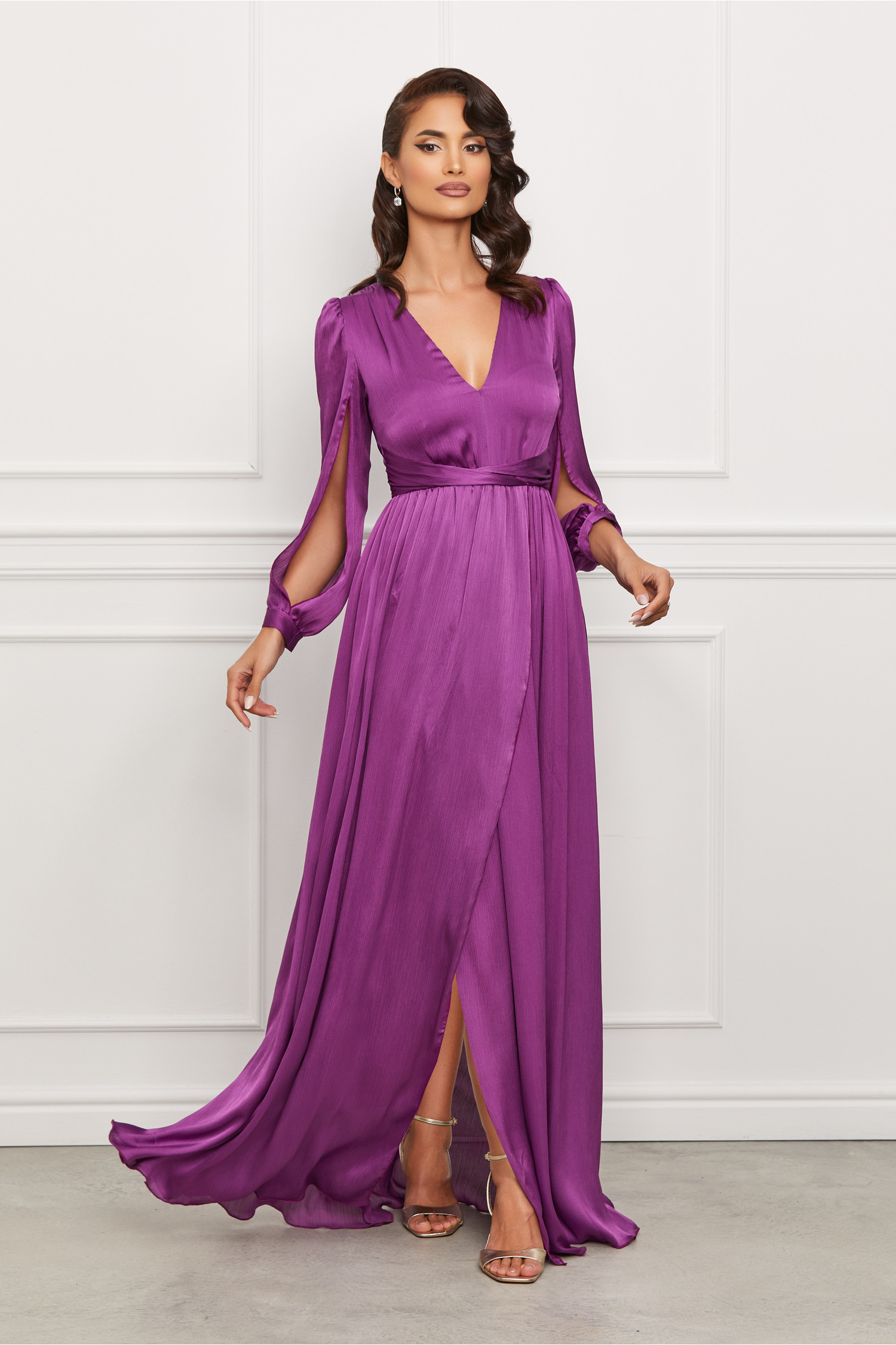Rochie Moze mov lunga cu maneci decupate