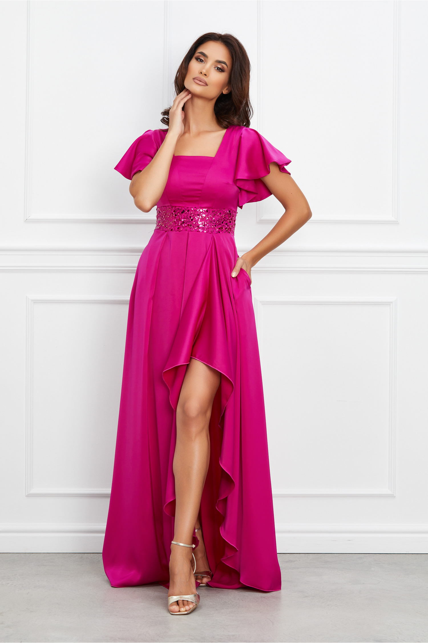 Rochie Moze lunga fucsia cu paiete in talie si crepeu maxi