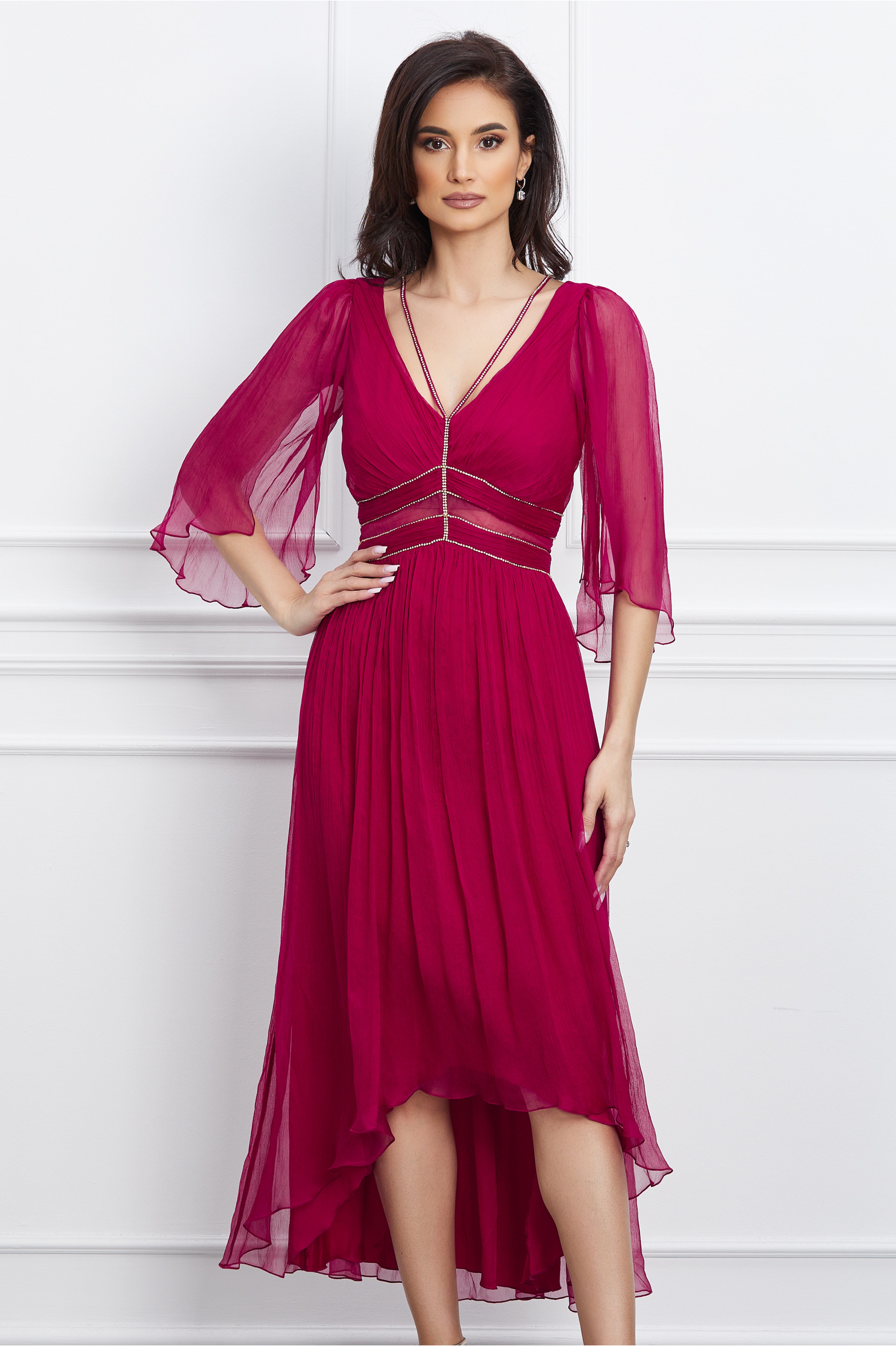 Rochie Leonard Collection roz zmeura din matase naturala accesorizata cu strasuri la bust