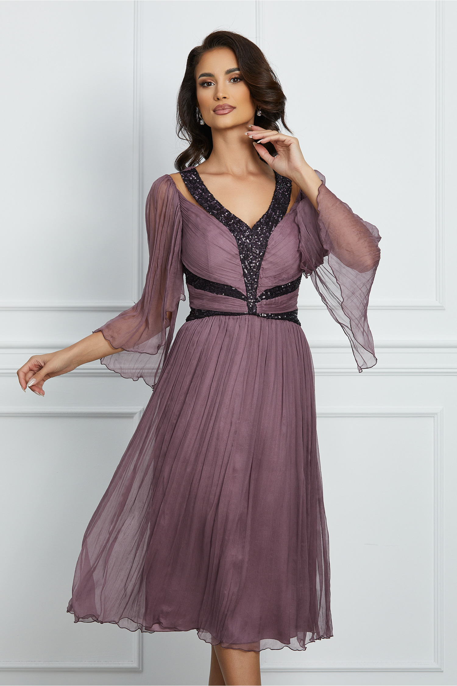 Rochie Ginette lila din matase cu paiete pe bust