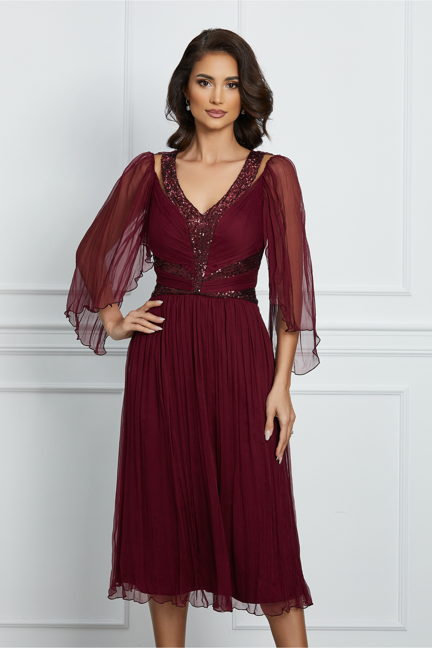 Rochie Ginette bordo din matase cu paiete pe bust