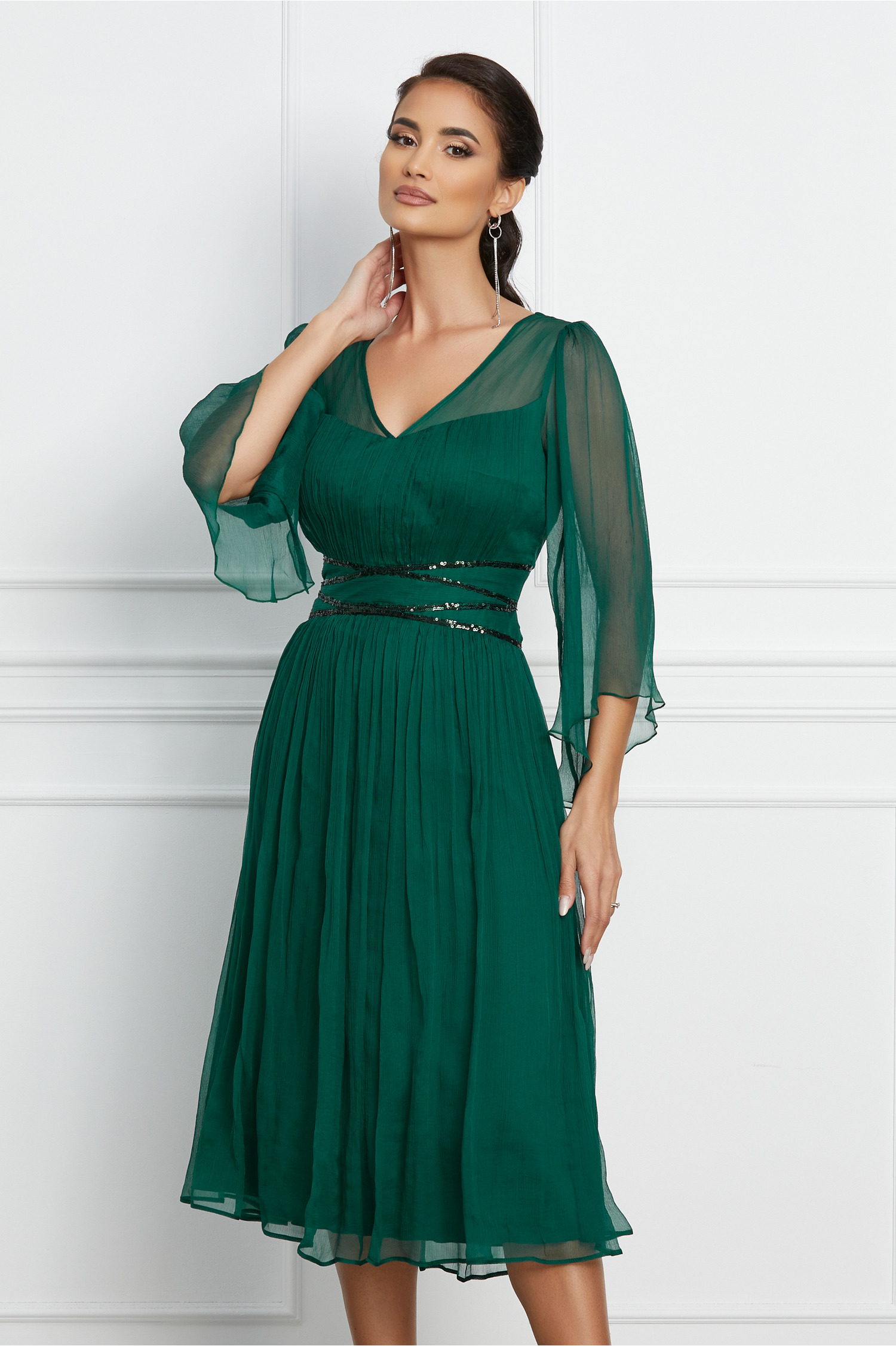 Rochie Leornard Collection verde inchis din matase cu paiete in talie