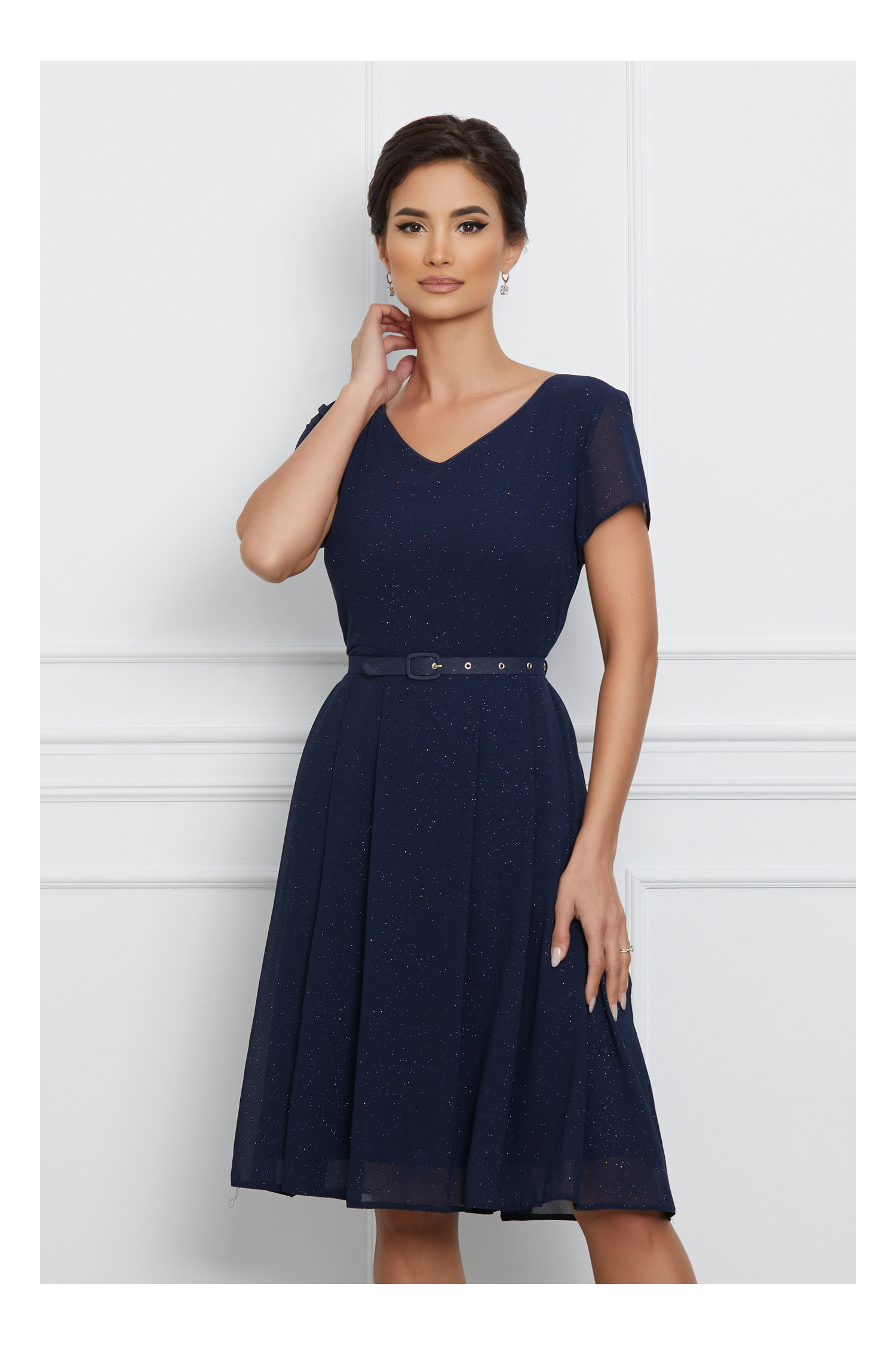 Rochie Aria bleumarin cu sclipici si curea in talie