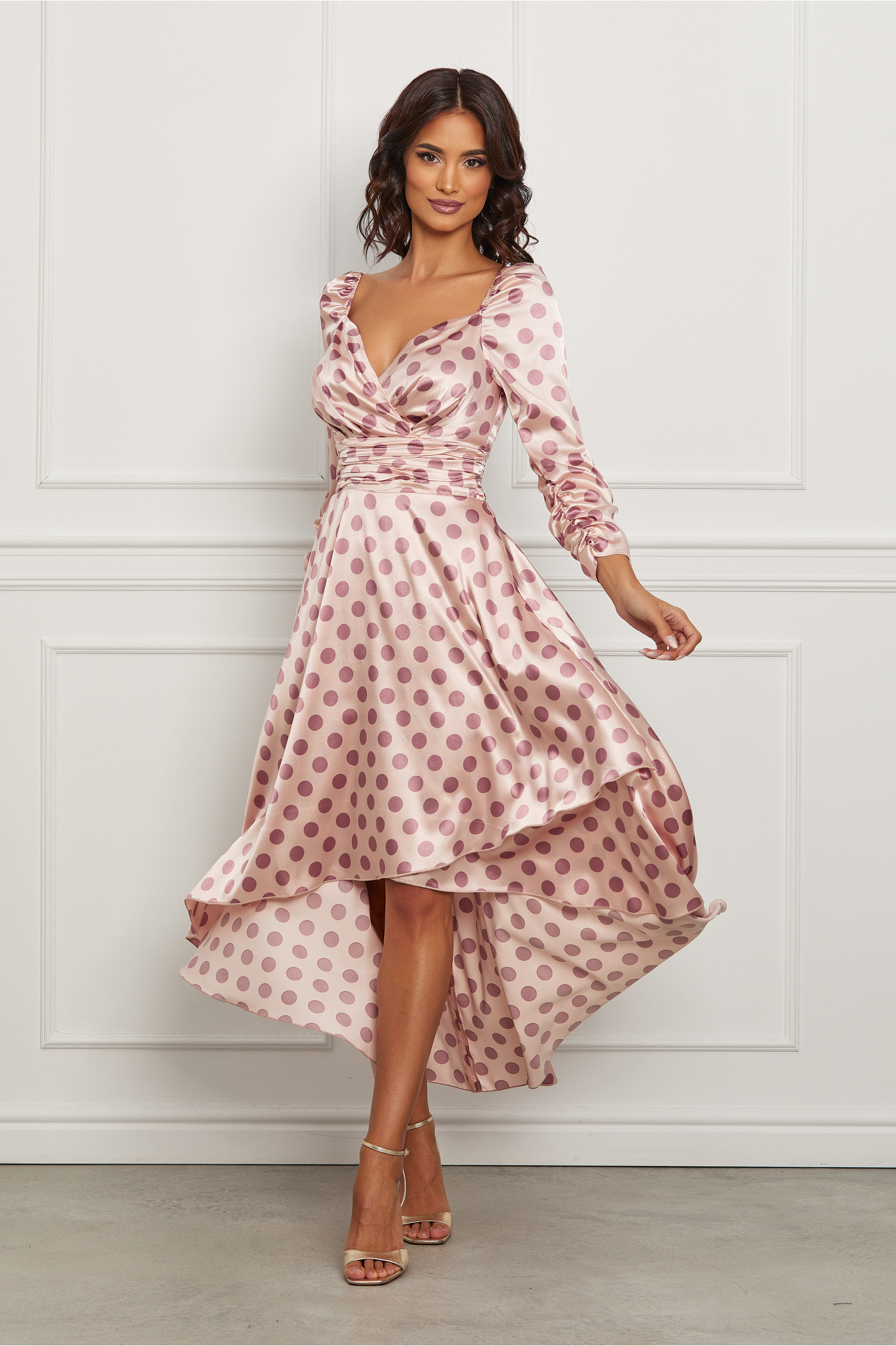 Rochie MBG roz din satin cu buline lila