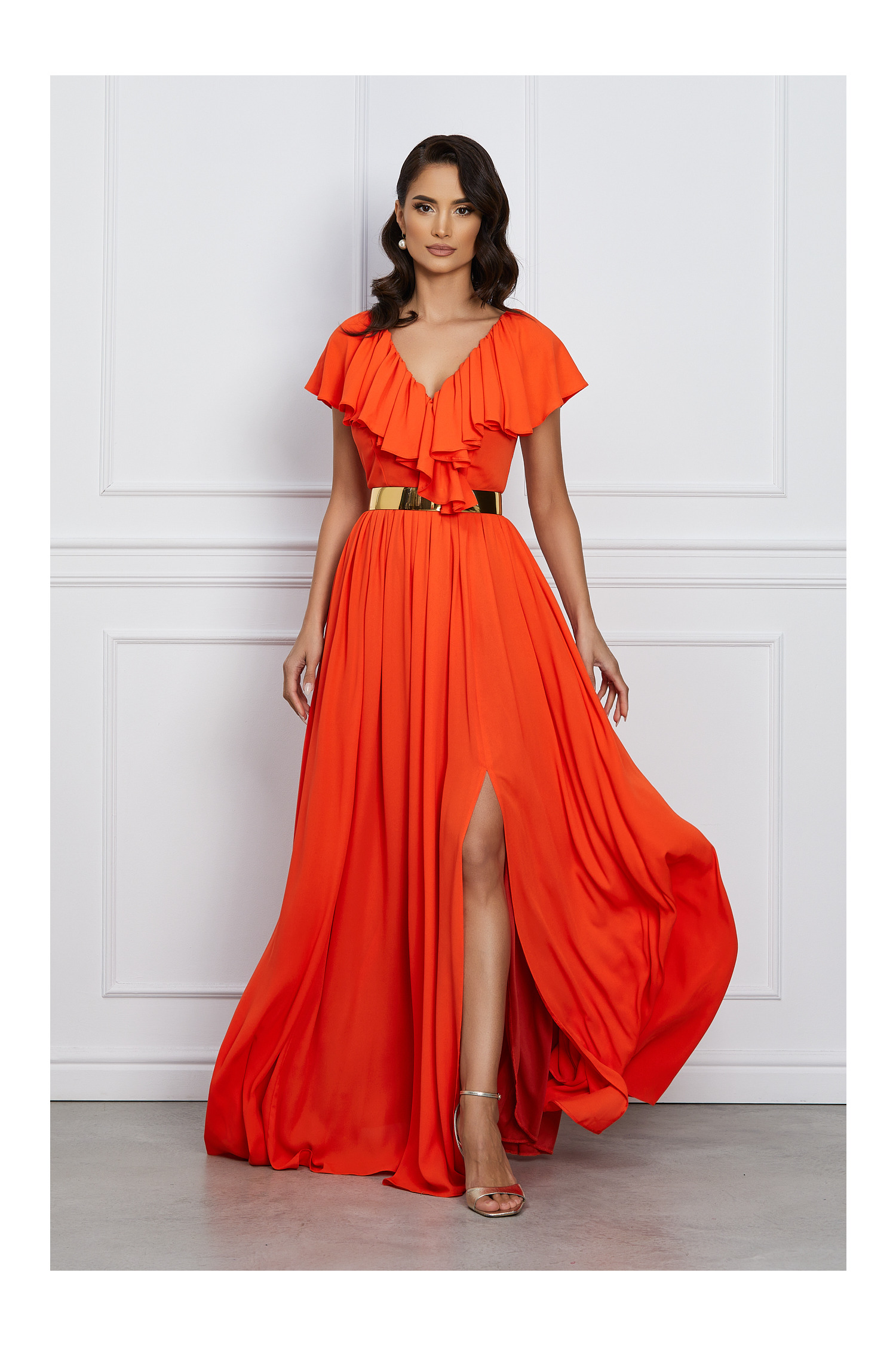 Rochie Dy Fashion Gaby lunga orange cu volanase la decolteu si curea in talie