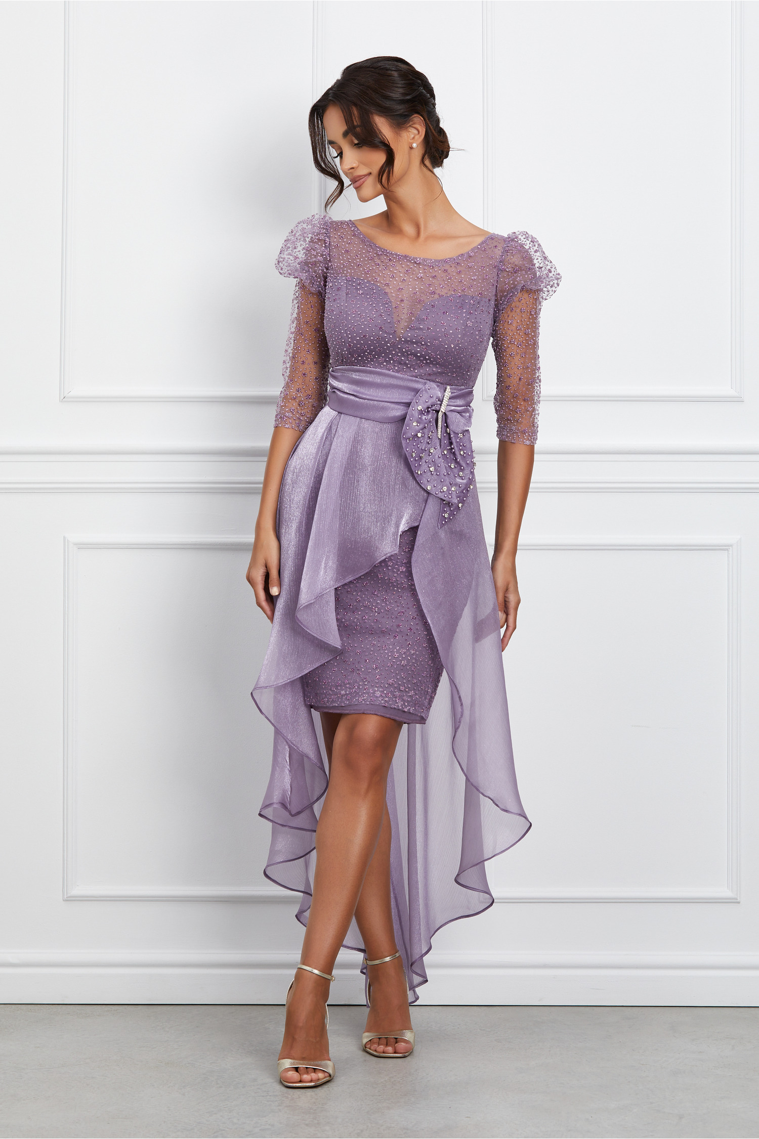 Rochie Tina lila cu glitter si trena din organza