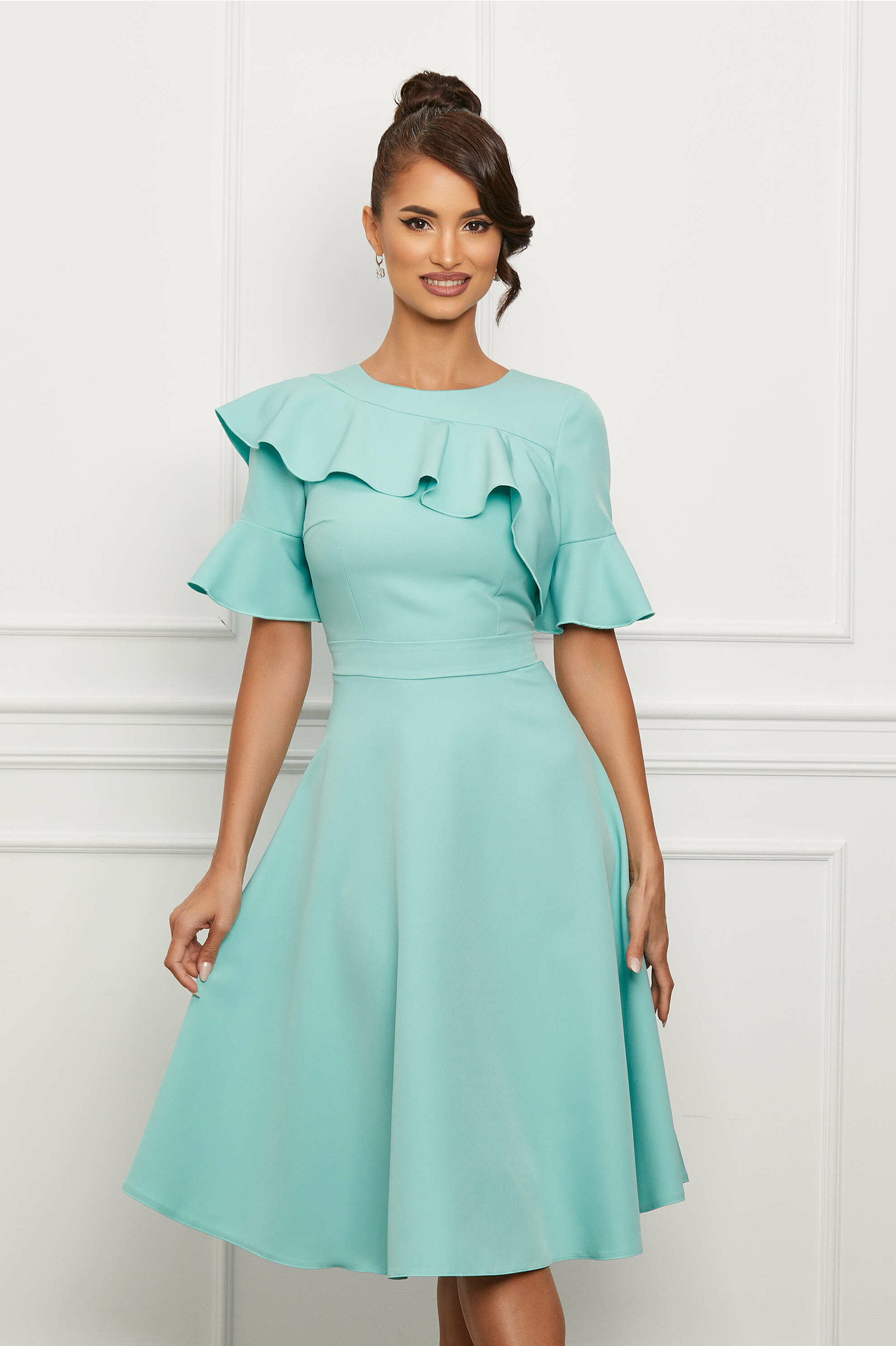 Rochie Moze bleu cu volan pe bust