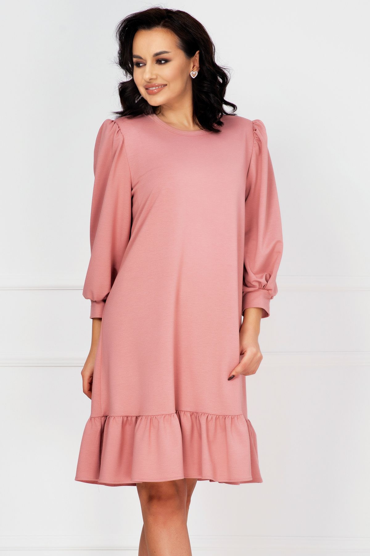 Rochie de zi din bumbac rose cu volan la terminatie
