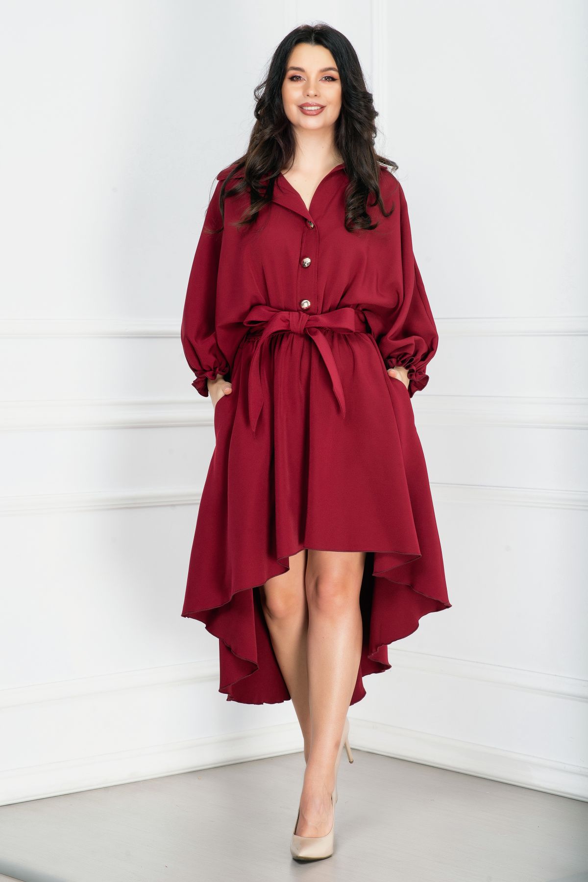 Rochie de zi asimetrica bordo cu maneca tip fluture
