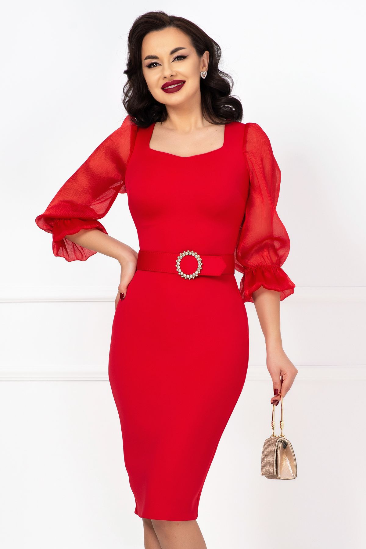 Rochie rosie eleganta de ocazie cu maneci din organza