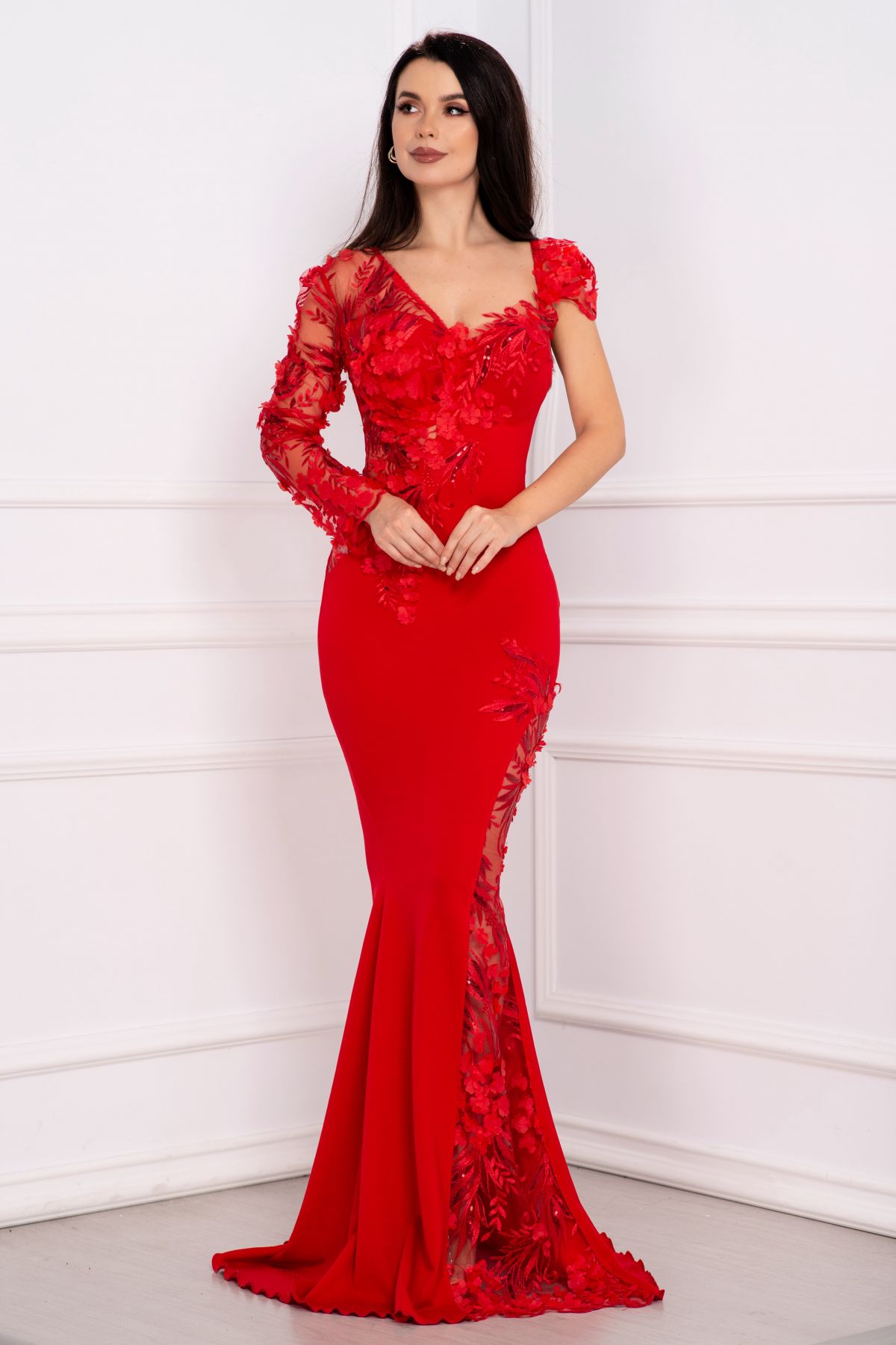 Rochie de lux Selly sirena rosie cu flori 3D si paiete discrete
