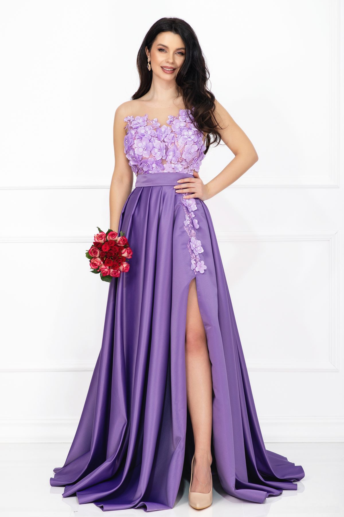 Rochie de lux Beatrice lila tip printesa din tafta cu flori 3D