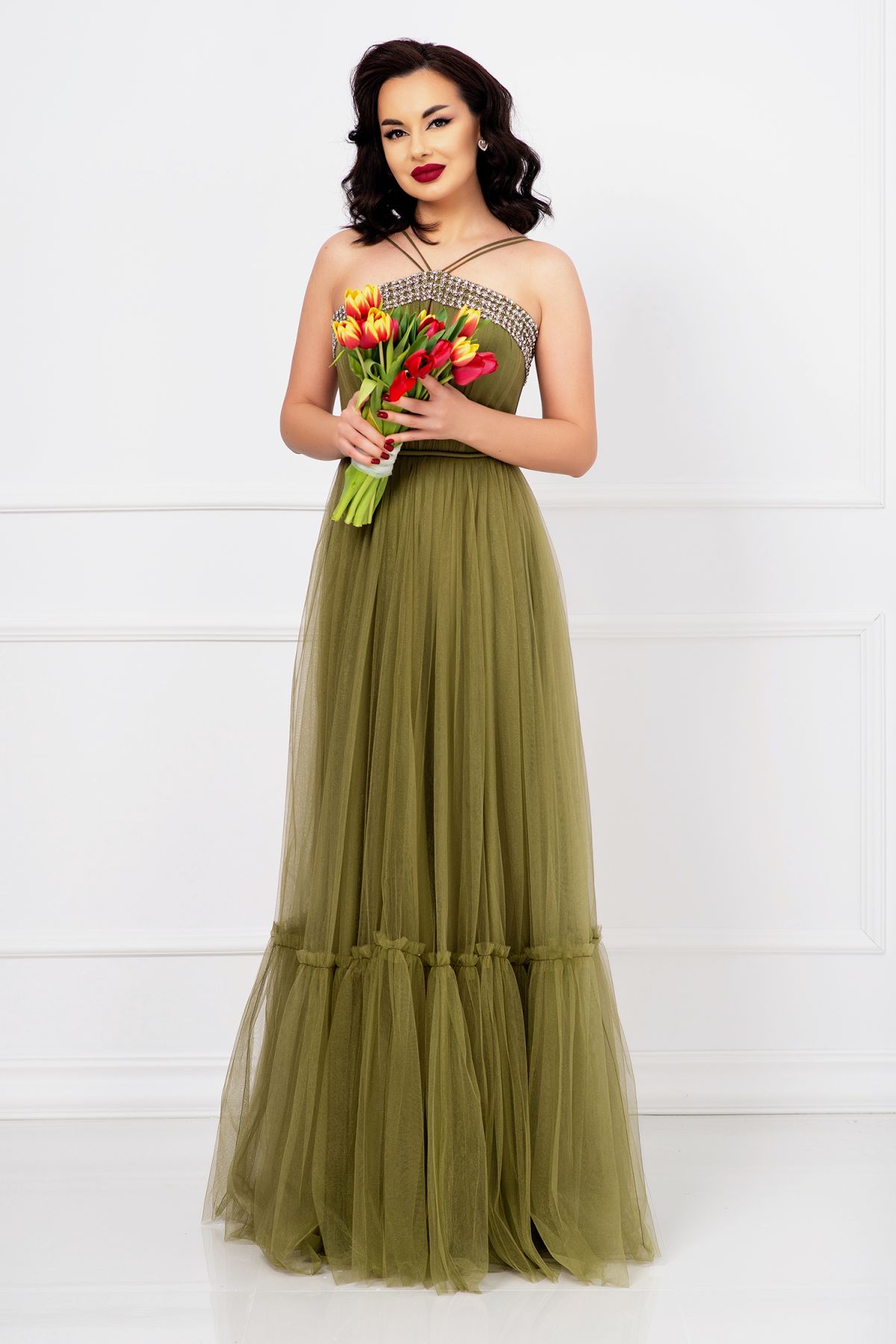 Rochie lunga de seara Christine kaki cu model din strassuri