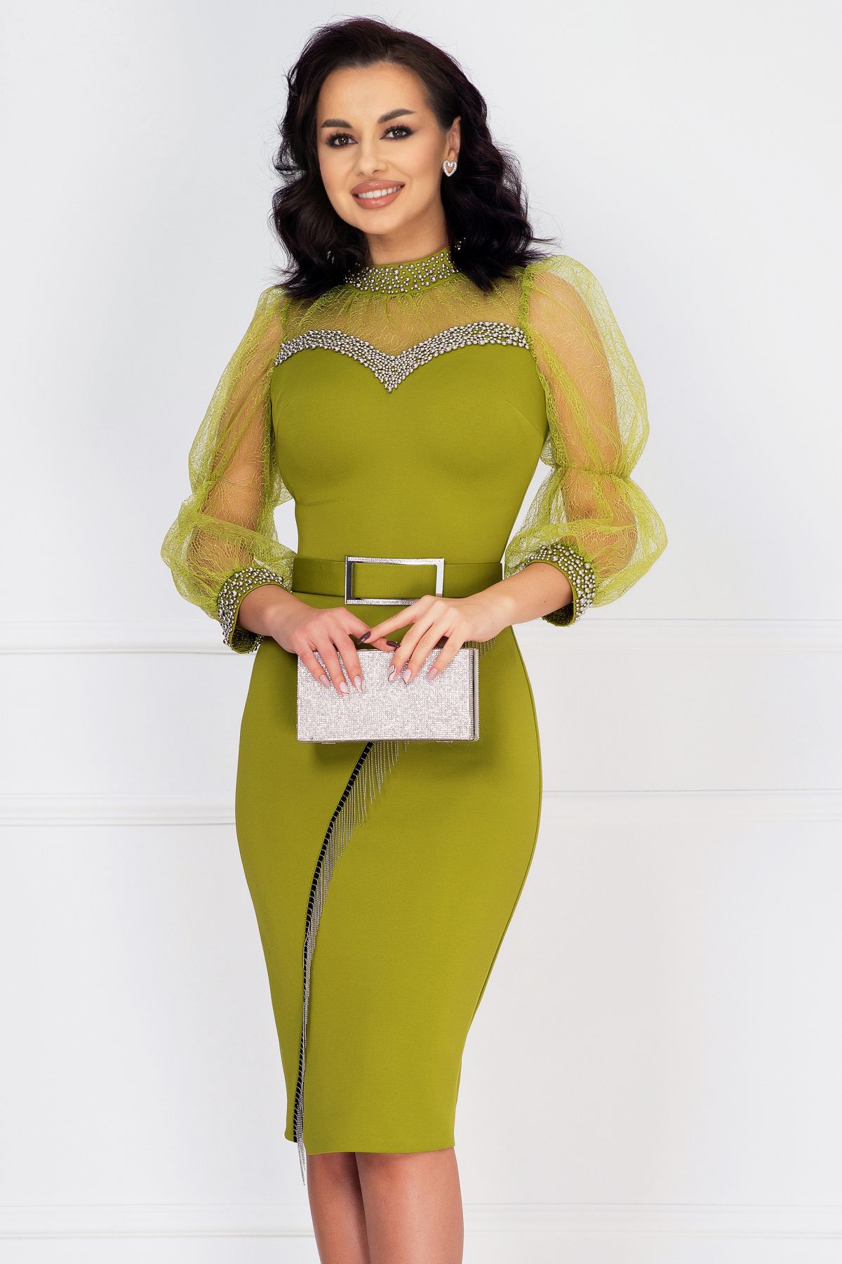 Rochie de ocazie Poesia fistic cu maneci din organza si perle argintii