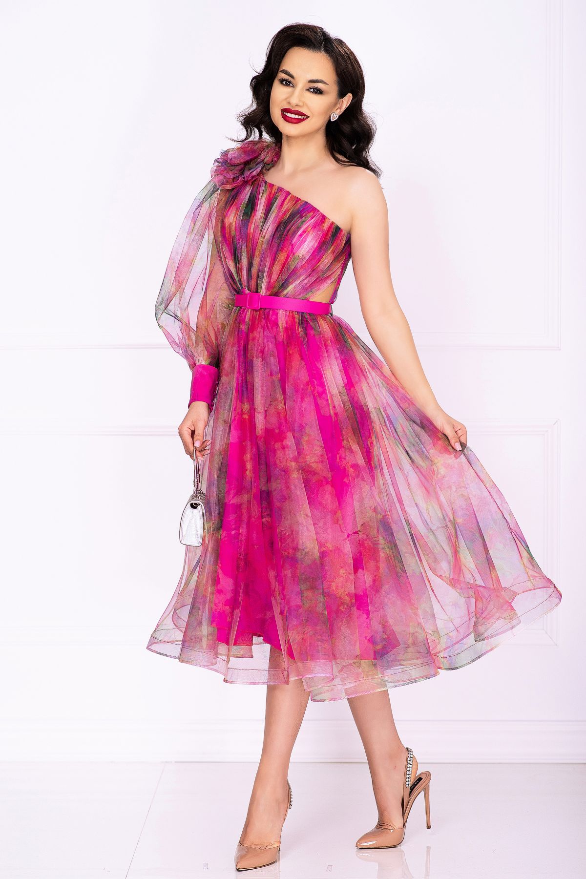 Rochie diafana de ocazie fuchsia Ellen cu imprimeu tip pictura