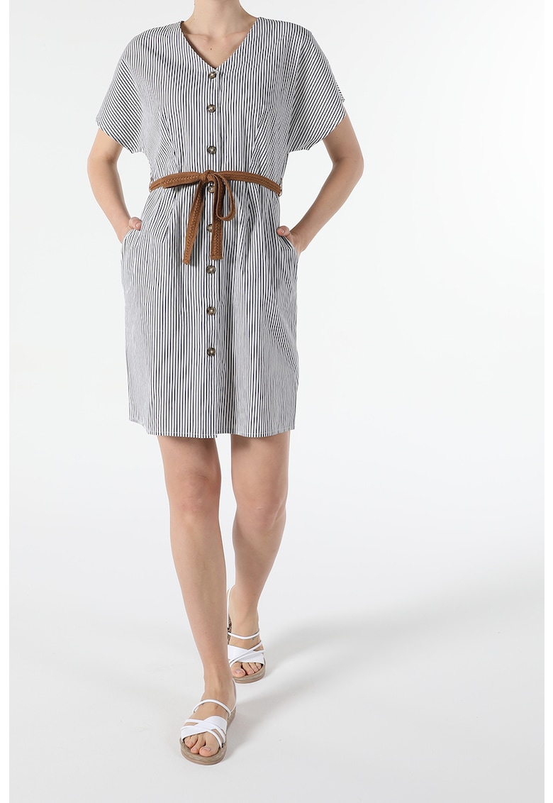 Rochie cu nasturi - decolteu in V si model in dungi