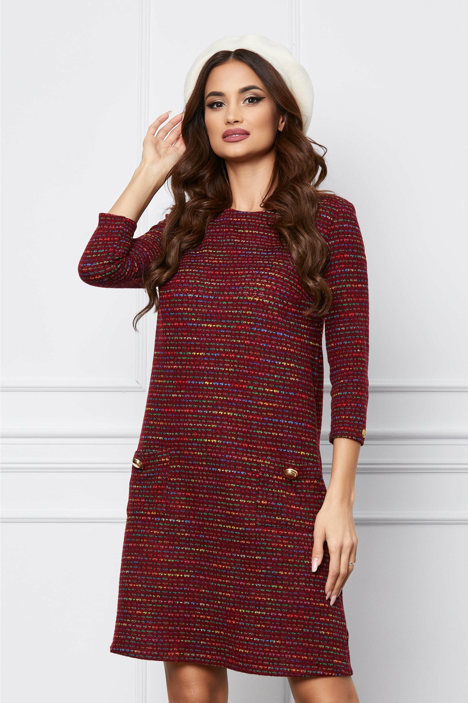 Rochie Dy Fashion scurta bordo cu picatele colorate si buzunare