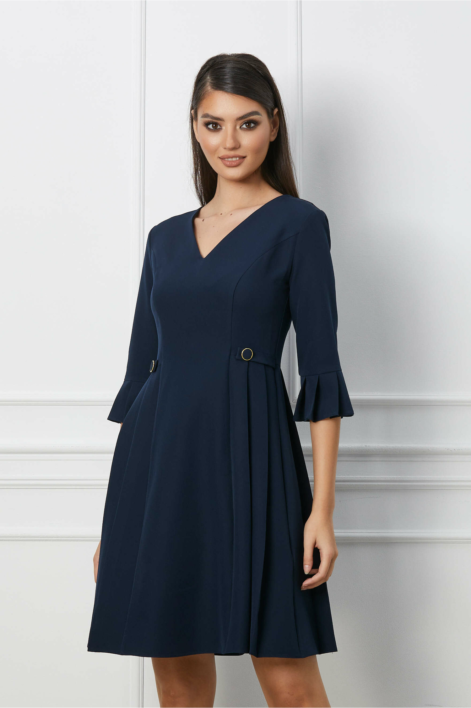 Rochie Dy Fashion bleumarin cu nasturi si pliuri in talie