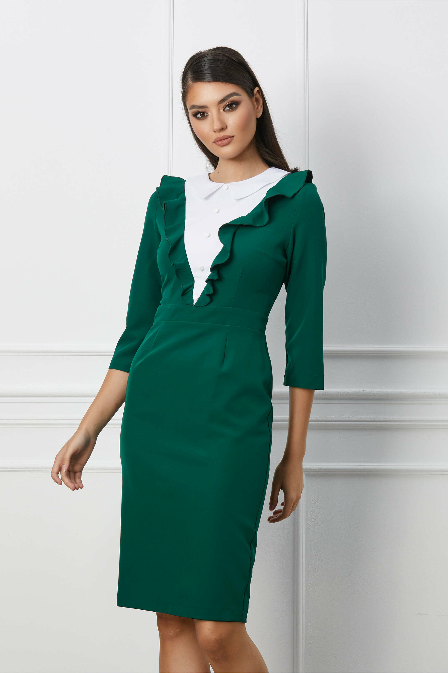 Rochie Dy Fashion verde cu volanas si nasturi la bust