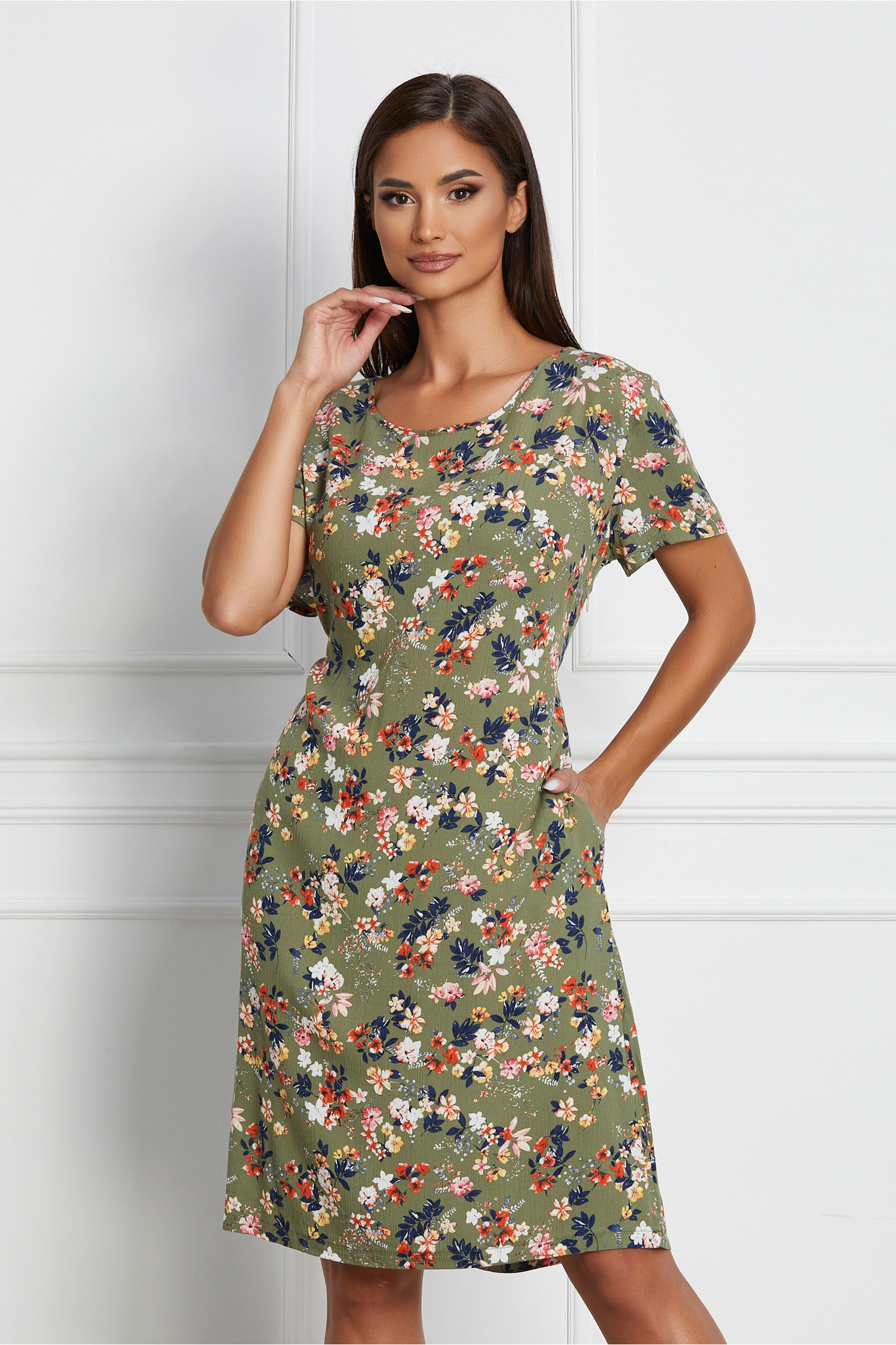 Rochie Kira verde cu imprimeu floral oranj