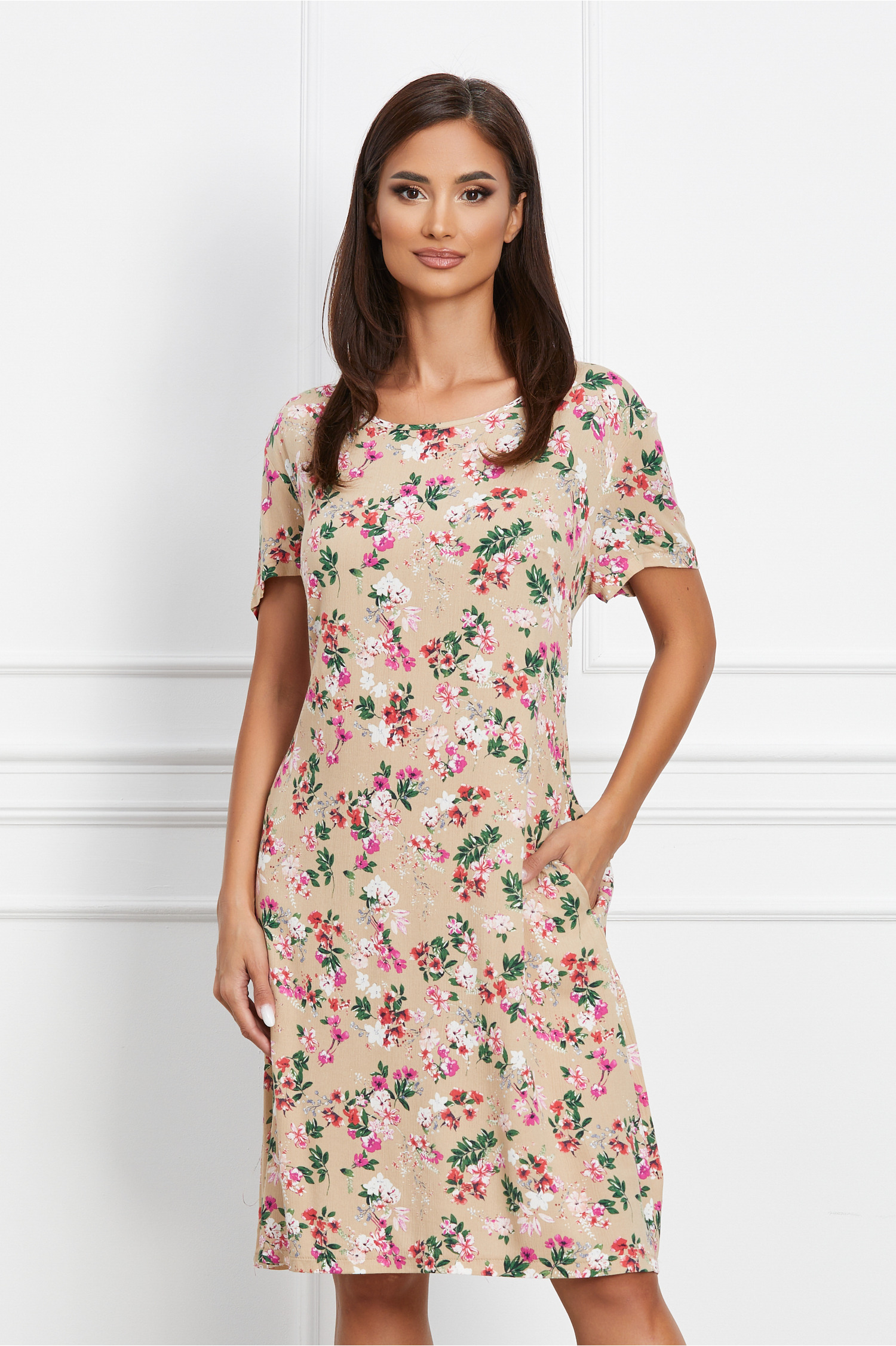 Rochie Kira bej cu imprimeu floral roz