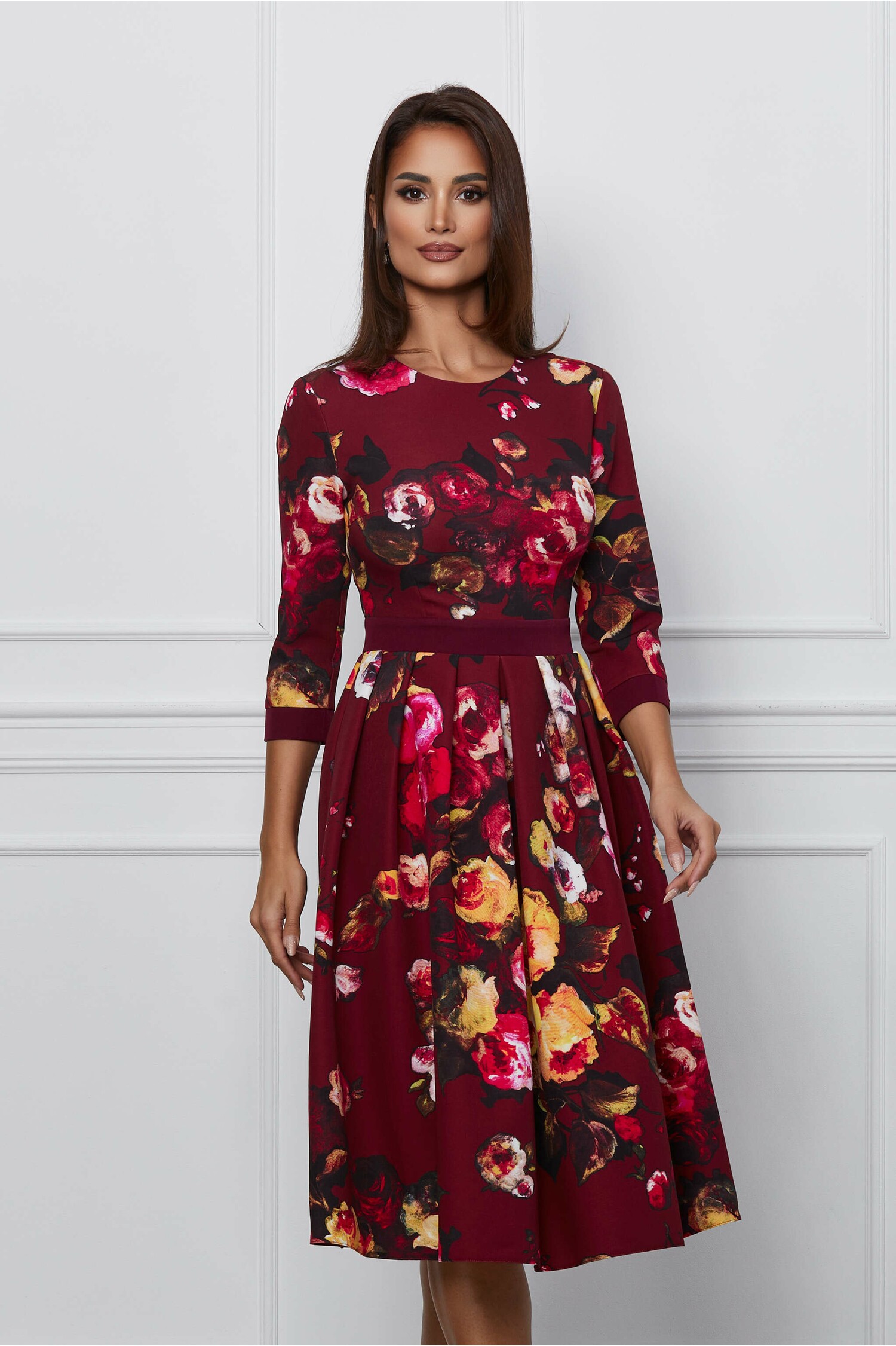 Rochie Dy Fashion bordo cu imprimeu floral galben