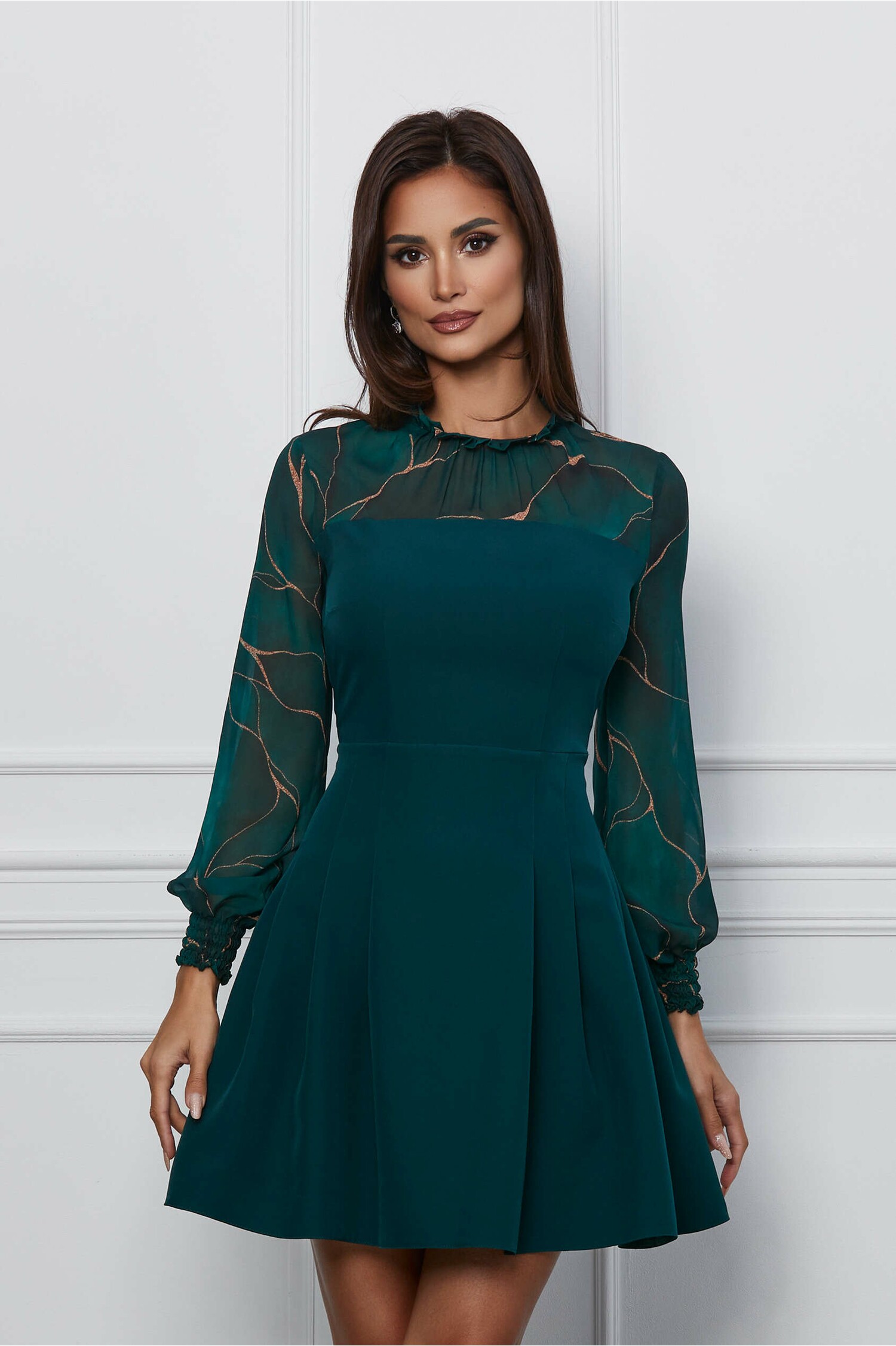 Rochie Dy Fashion verde cu imprimeu maro pe maneci