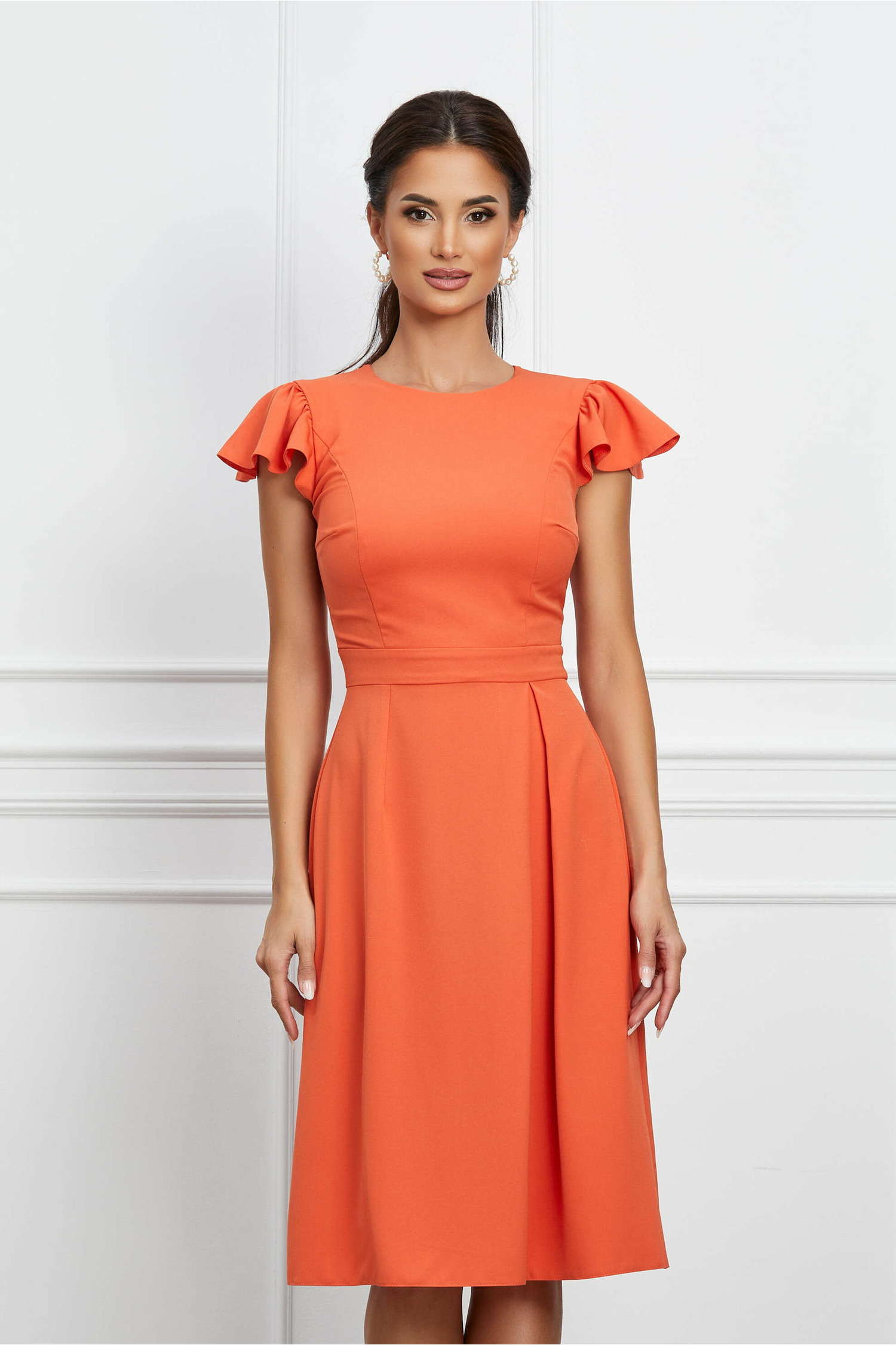 Rochie Moze orange cu volanase la maneci