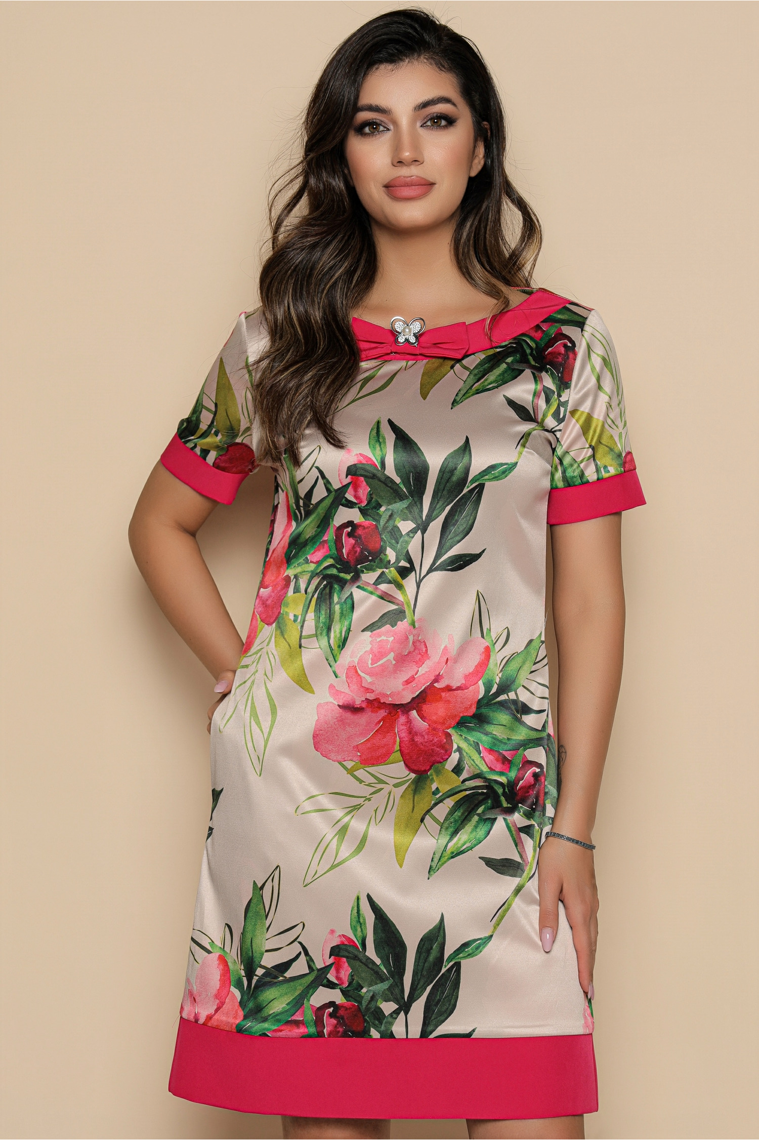 Rochie MBG bej cu imprimeu floral corai