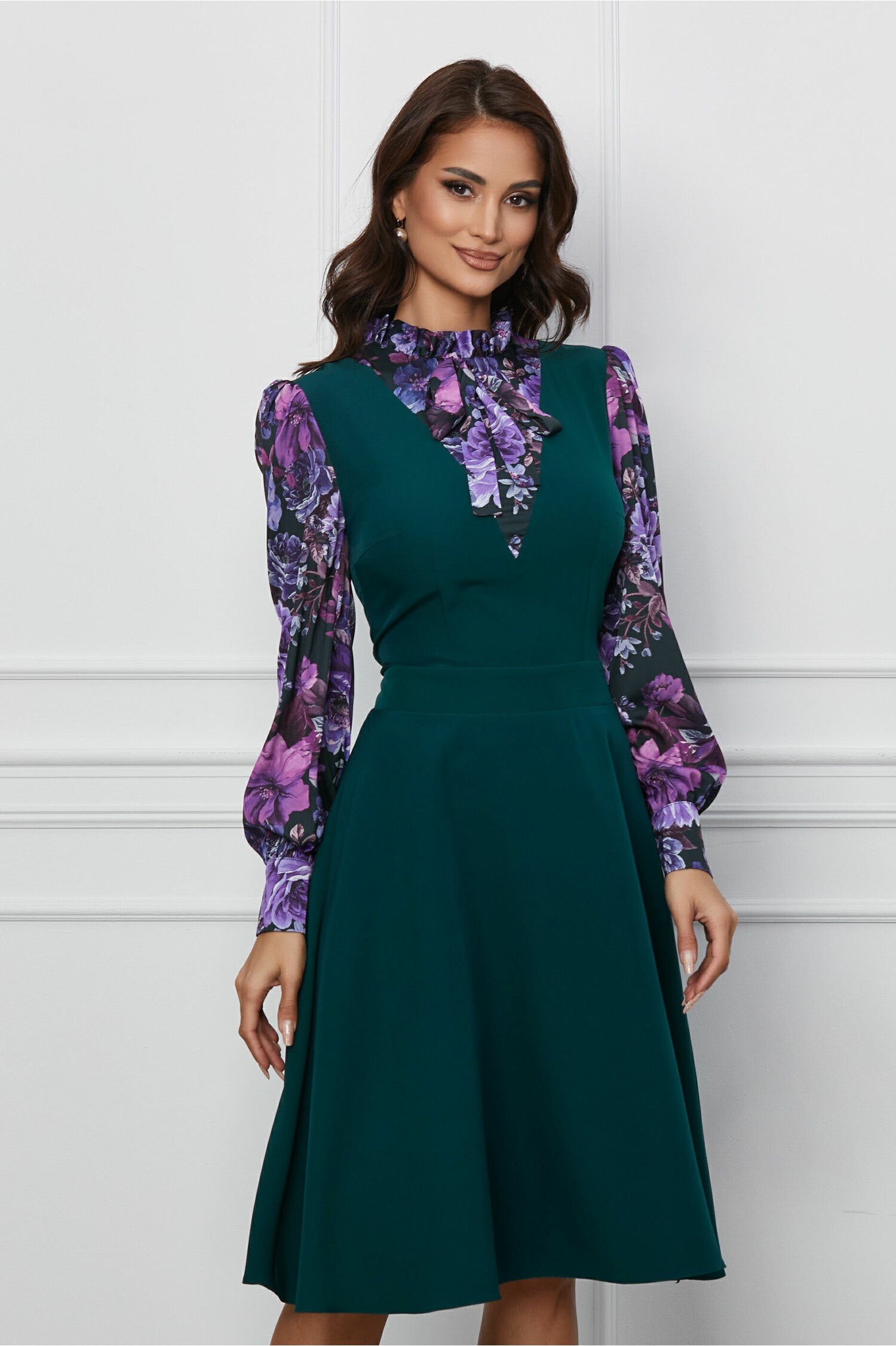 Rochie Dy Fashion verde cu imprimeuri pe maneci si bust