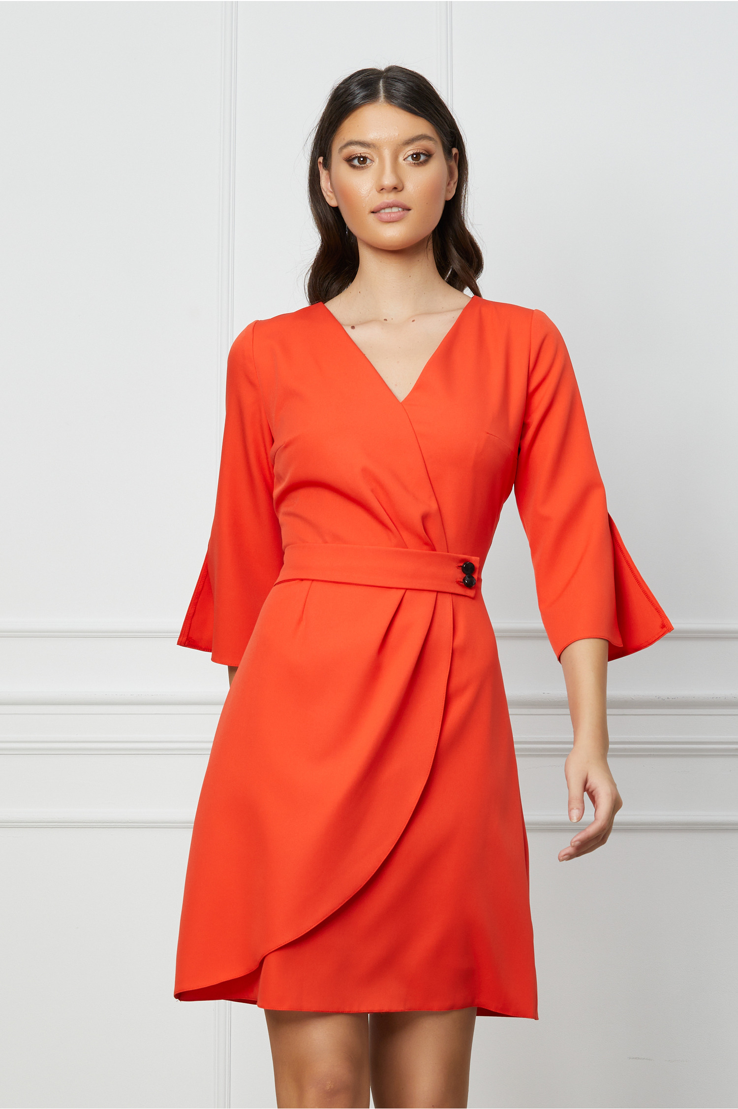 Rochie Moze orange cu pliuri in talie