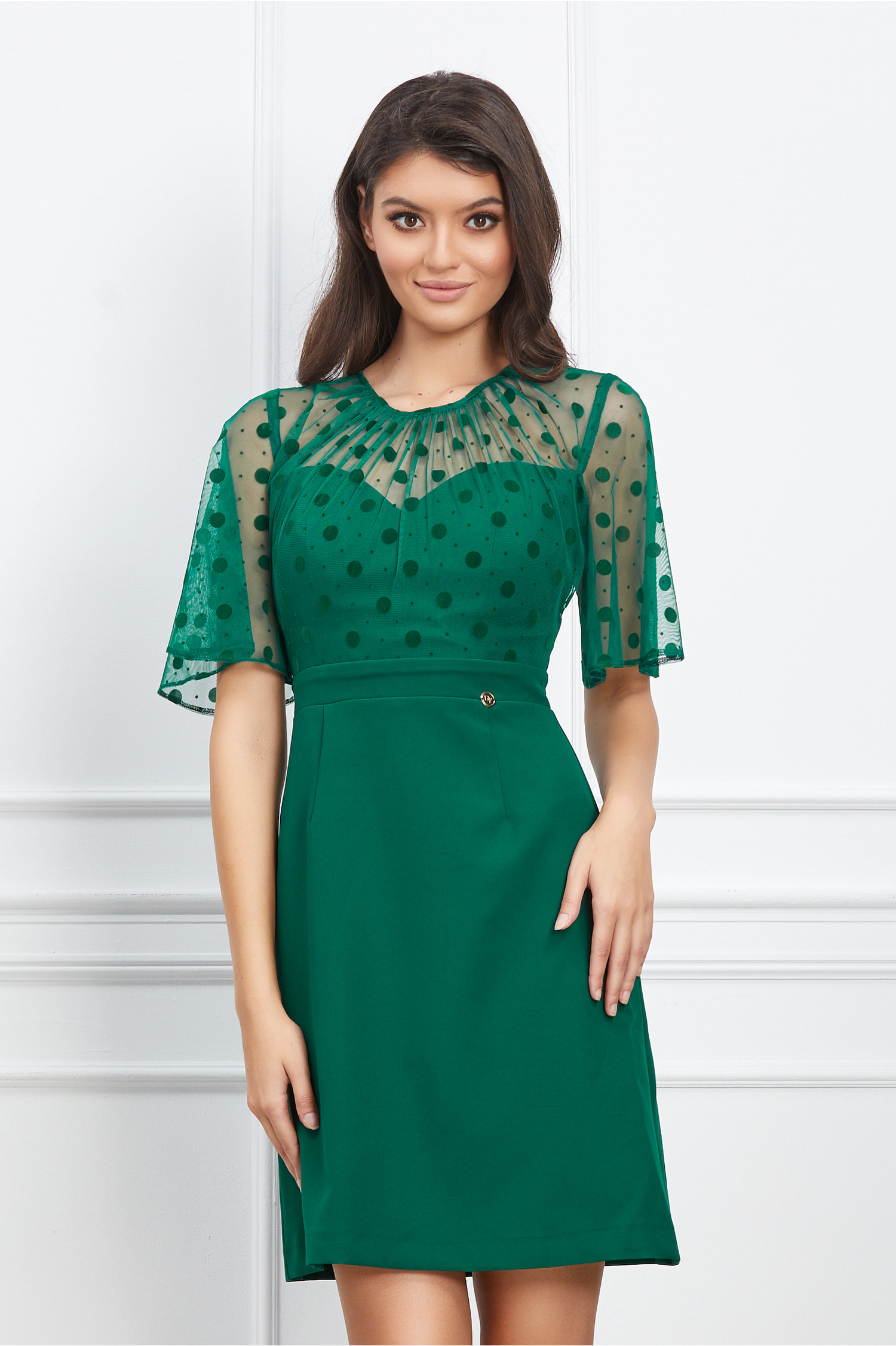 Rochie Dy Fashion verde cu tull si buline catifelate la bust