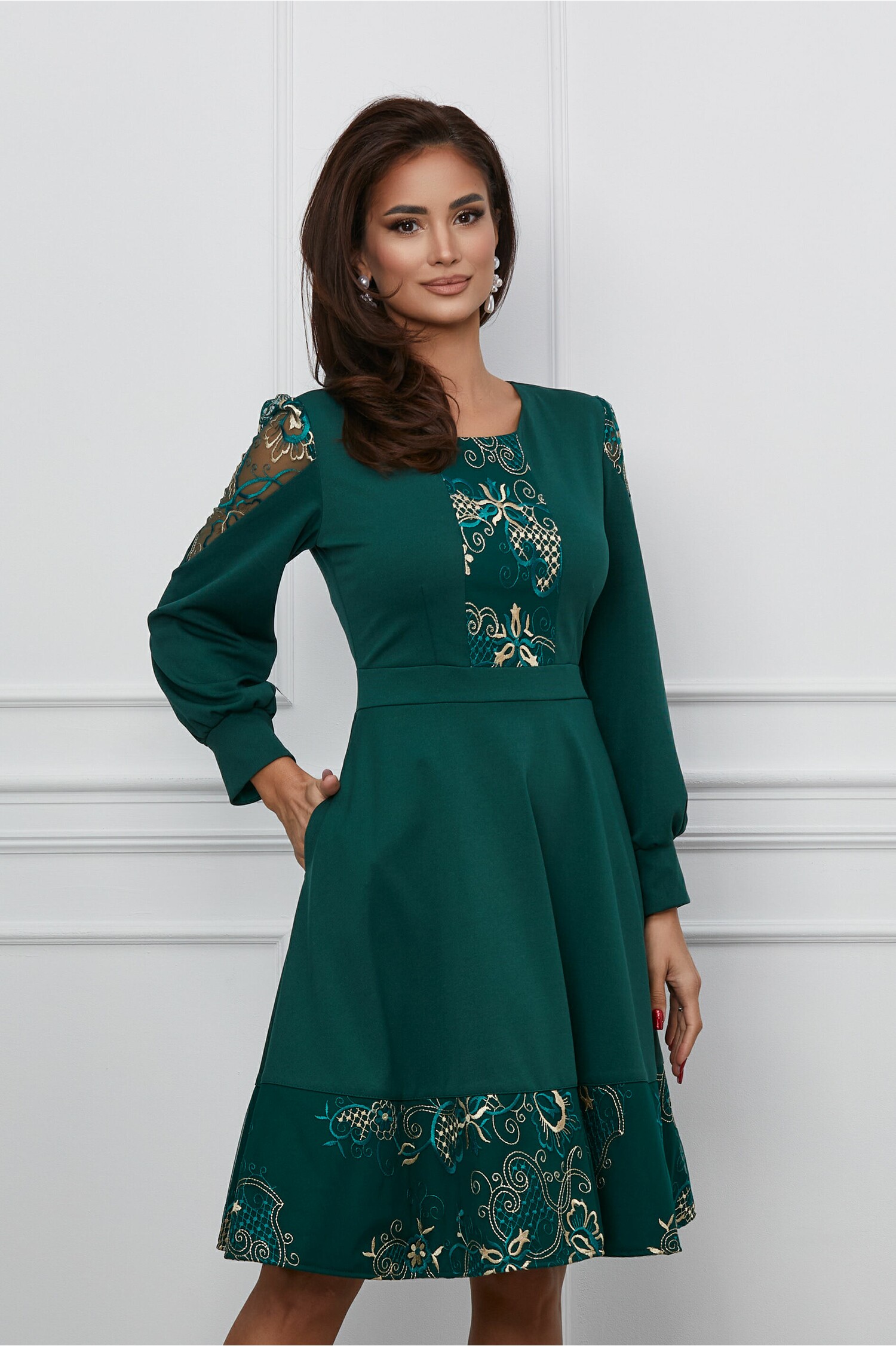 Rochie Ella Collection Ecaterina verde cu broderie