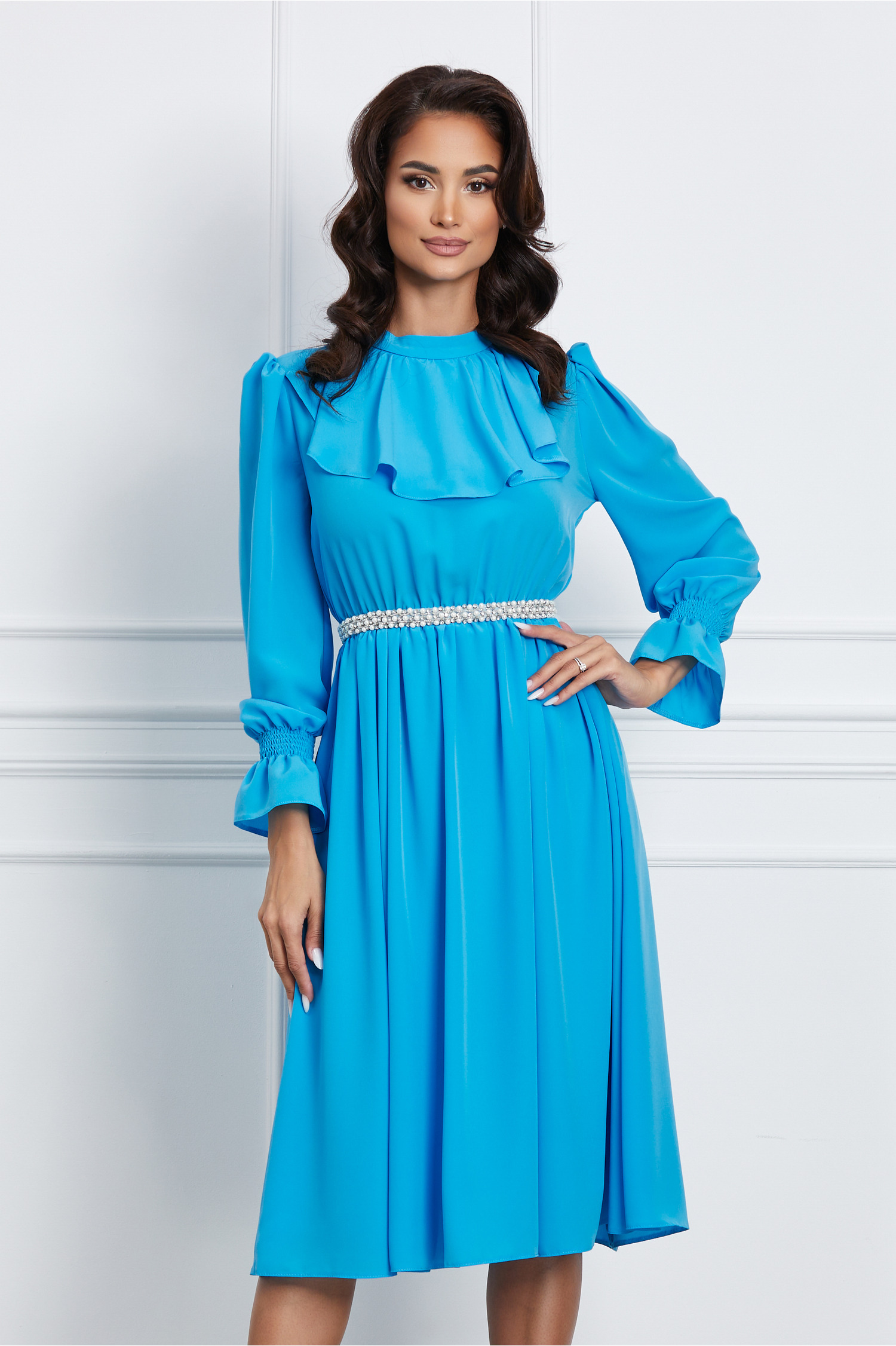 Rochie Dy Fashion bleu cu volanas la bust si perle in talie