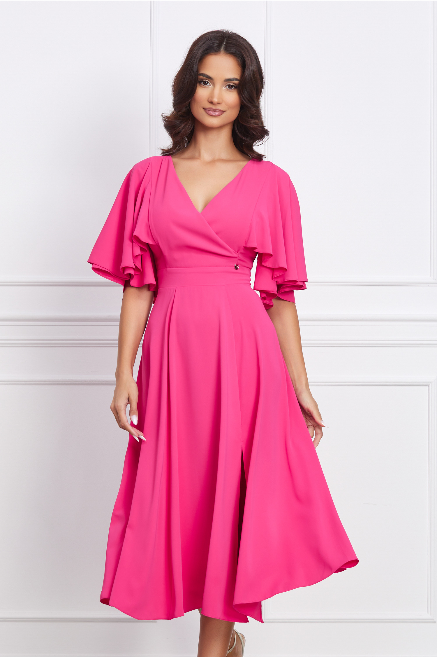 Rochie Dy Fashion fucsia cu maneca dubla si crepeu